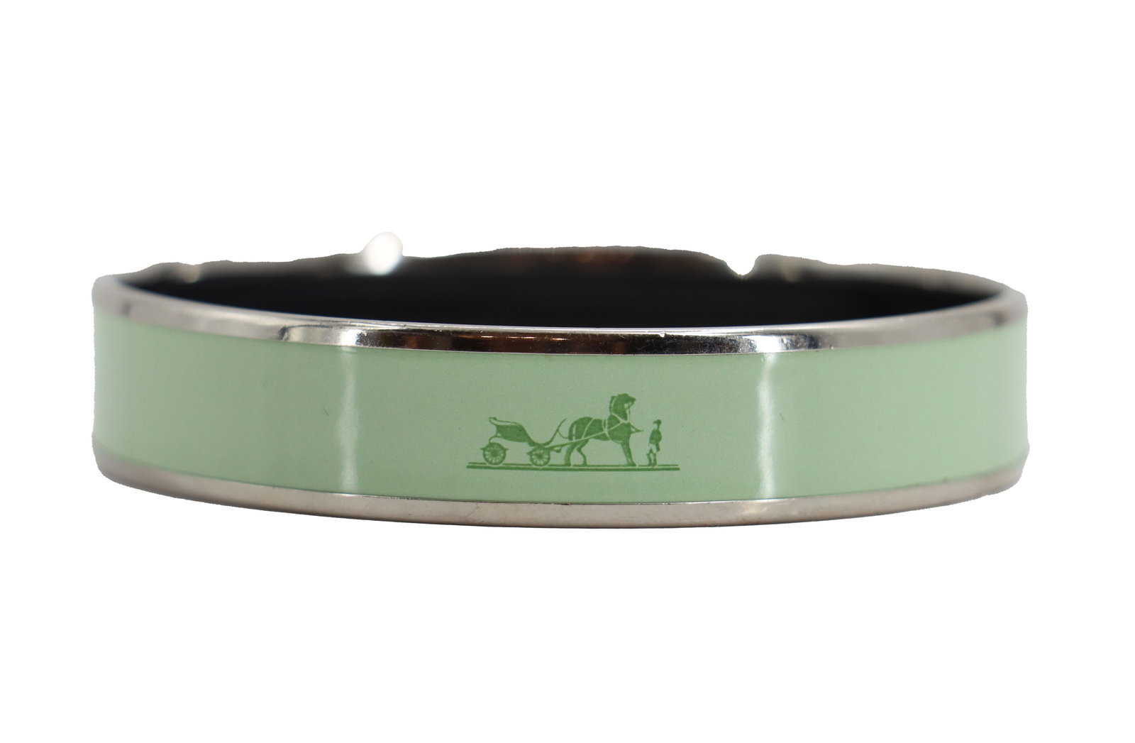 Hermes Caleche Wide Enamel Bangle Bracelet: Hermes Caleche Wide Enamel Bangle Bracelet. Light green enamel in silver toned metal. Name on interior. Comes with dust bag and original box. Size: 3 1/2 x 3 1/4 x 1 1/4 in.