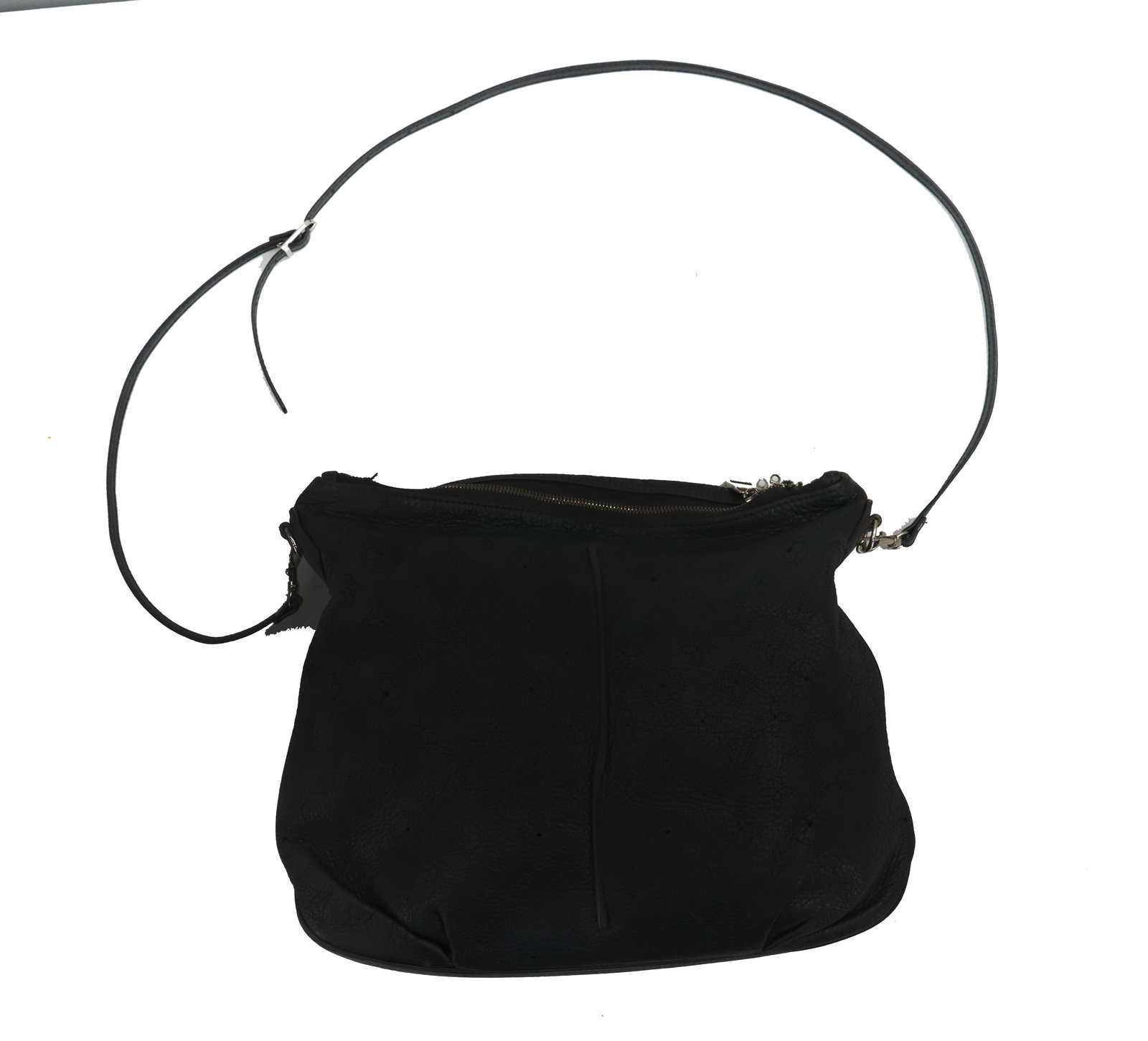 Louis Vuitton Mahina Selene PM Crossbody Shoulder Bag in Leather: Louis Vuitton Mahina Selene PM Crossbody Shoulder Bag in Leather. The leather is a particular rich black tone with perforated designs throughout the exterior. Strap attached with silver-toned clasps.