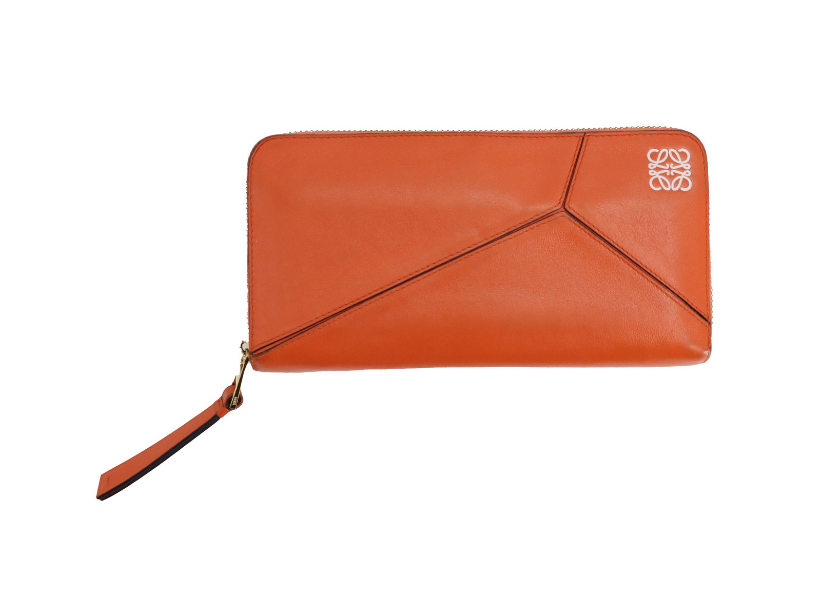 Orange Loewe Puzzle Zip Around Leather Wallet: Orange Loewe Puzzle Zip Around Leather Wallet. Crafted from smooth leather and features the collection's iconic geometric paneled design with tonal stitching. Accented with a white Loewe Anagram l