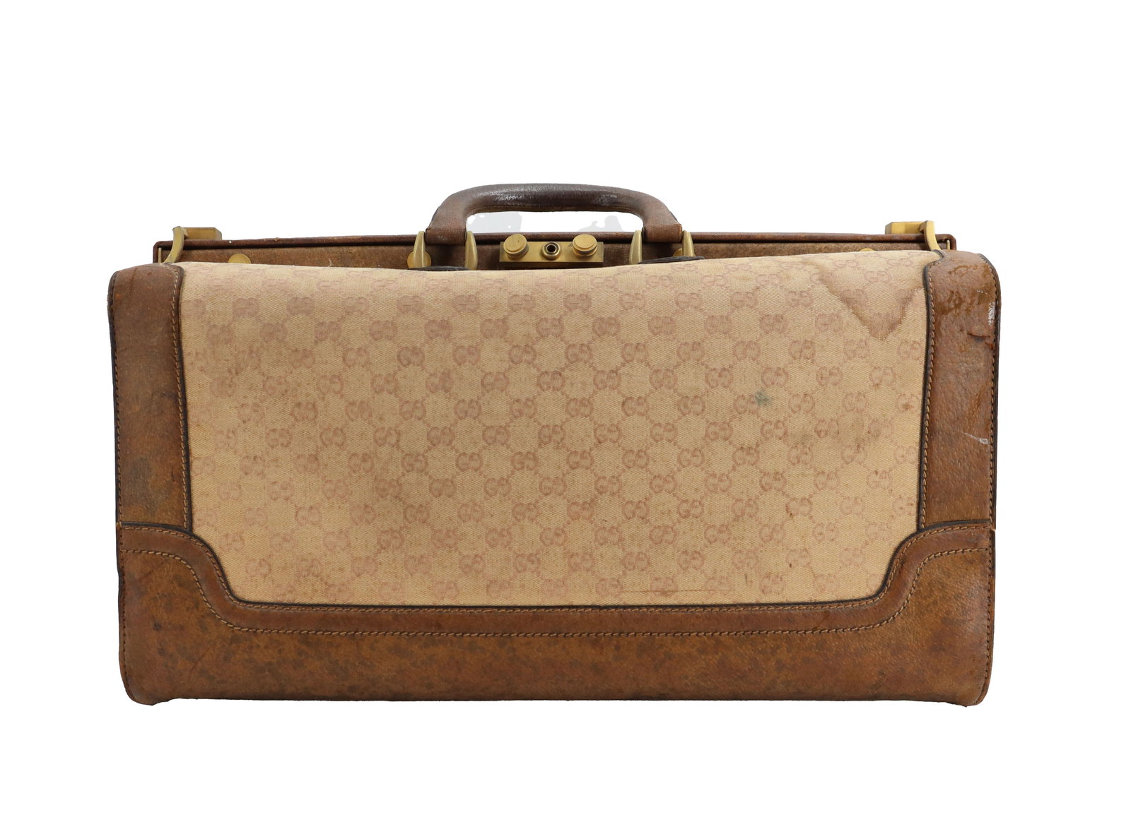 Authentic Gucci Monogram Canvas and Leather Doctor's Bag: Authentic Gucci Monogram Canvas and Leather Doctor's Bag Vintage Gucci doctor's bag featuring the signature GG monogram canvas framed by weathered brown leather trim and antiqued gold-ton