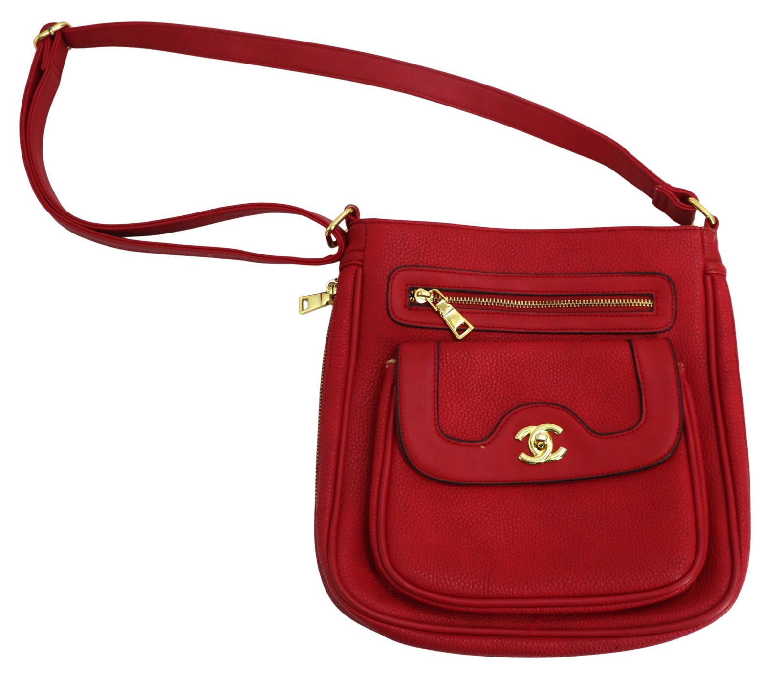 Imitation Chanel Square Front Pocket Quilted Leather Crossbody Bag in Red: Imitation Chanel Square Front Pocket Quilted Leather Crossbody Bag in Red. The Chanel logo is on the front, with a side zipper to expand the body capacity and a metal tab with the logo and name inside