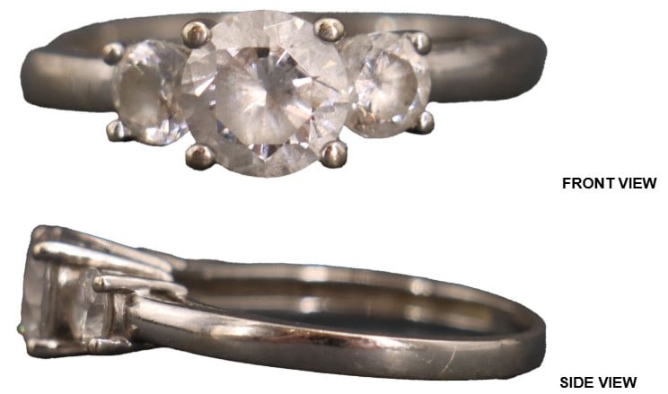 One Marked 14k Gold and Glass Ring - Gross 2.7 g.: One Marked 14k Gold and Glass Ring. Marked on inside. 3 circle cut glass stones set in 14k white gold. Prong setting. Middle stone is the larger with 2 smaller stones on the side. Ring Size: 7 G