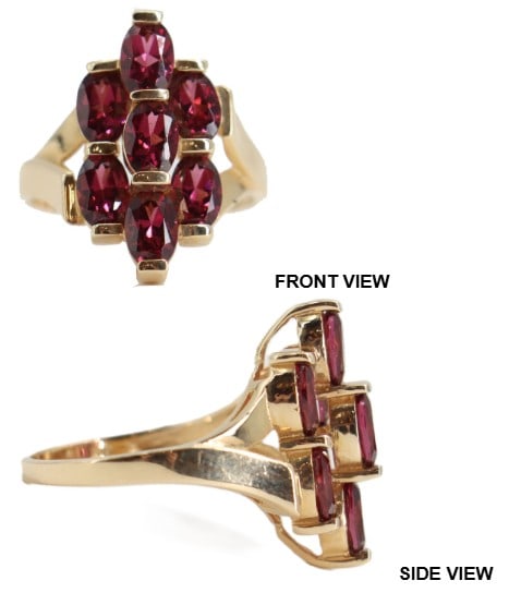 One Marked 14k Gold and Tourmaline Ring - Gross 5.1 g.: One Marked 14k Gold and Tourmaline Ring. Marked on inside. Features a vertical cluster of seven oval-cut pinkish-red tourmalines set in 14k yellow gold. Ring Size: 7 Gross Weight: 3.2 dwt. 5.1 g