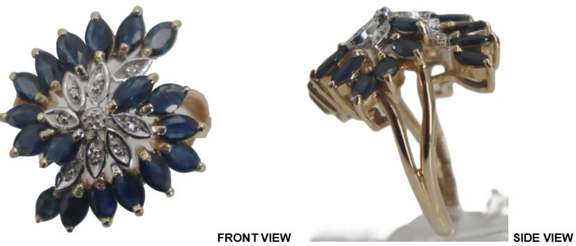 One Marked 10k Gold, Sapphire, and Diamond Cocktail Ring - Gross 6.7 g.: One Marked 10k Gold, Sapphire, and Diamond Cocktail Ring. Marked on inside. 10k yellow gold. Contains eighteen prong set marquise cut sapphires for a total weight of approximately 4.00 ct. together wi