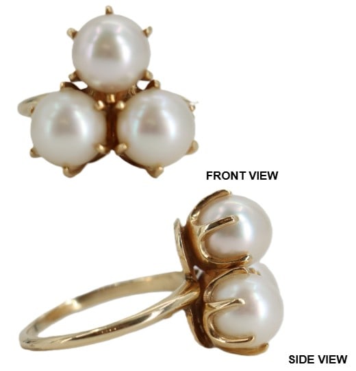 One 14k Gold and Natural Pearl Ring - Gross 8.7 g.: One 14k Gold and Natural Pearl Ring, 3 natural pearls, approximately 8.5 - 8.75 mm. Yellow gold. Prong setting. Size: 3/4 x 1 1/4 x 3/4 in. Ring Size: 9 Gross Weight: 5.5 d