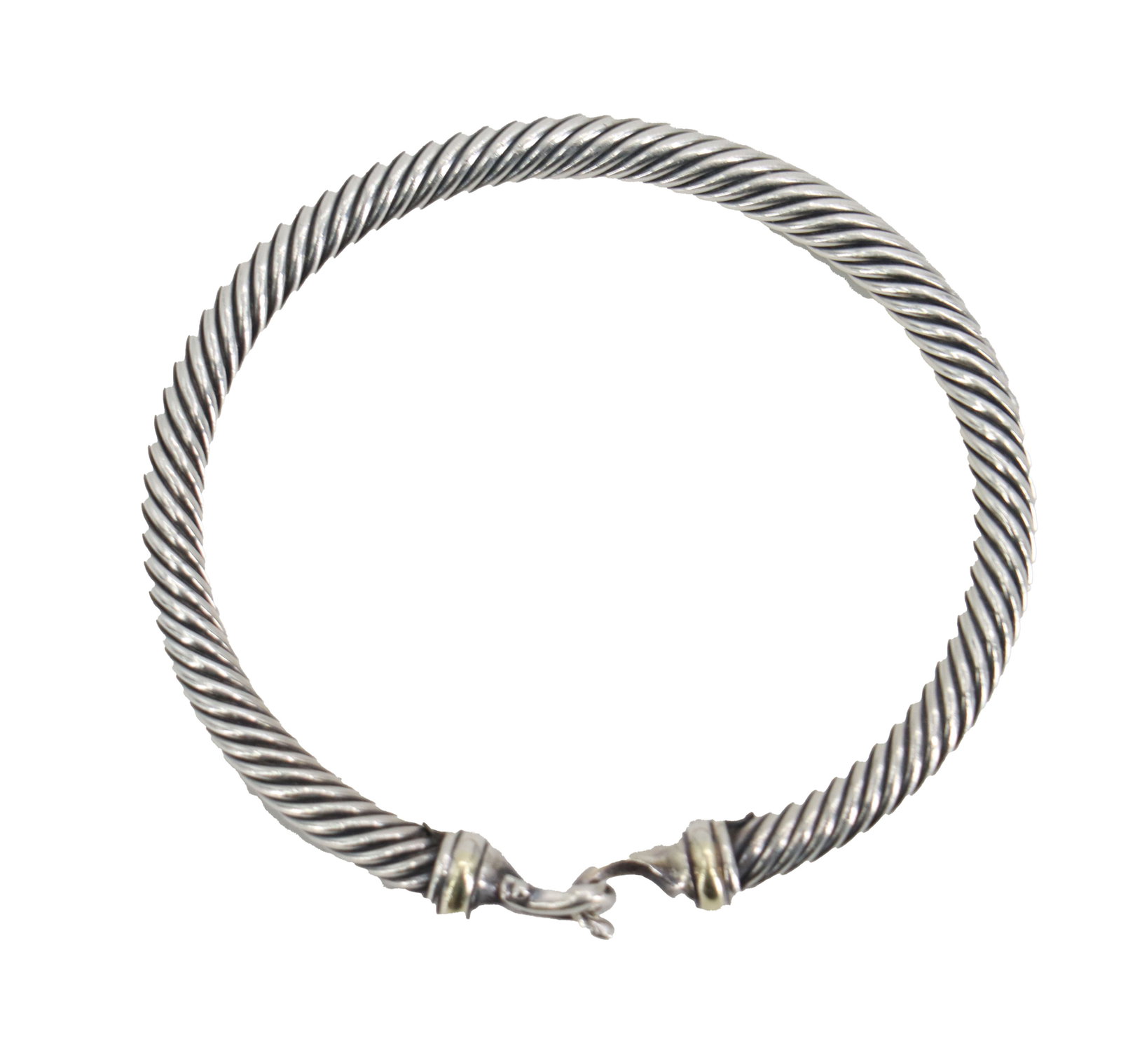 David Yurman Buckle Classic Cable Sterling Silver and 18k Gold Bracelet: David Yurman Buckle Classic Cable Sterling Silver and 18k Gold Bracelet. Features the brand's signature cable twisted design crafted from sterling silver. It is accented with 18k yellow gold brand