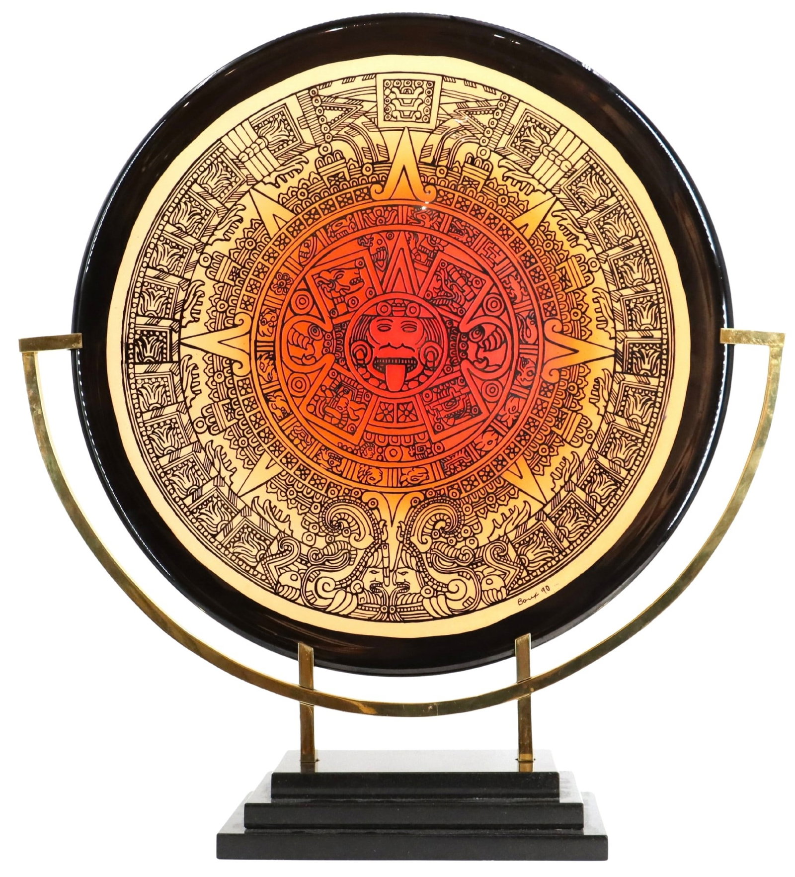 Charles Boux (Born 1947) Canadian/American, Aztec Calendar Art Glass on Stand: Charles Boux (Born 1947) Canadian/American, Aztec Calendar Art Glass on Stand. Absolutely stunning reproduction of the famous Mesoamerican calendar with a lush reddish center bleeding out to yellow in