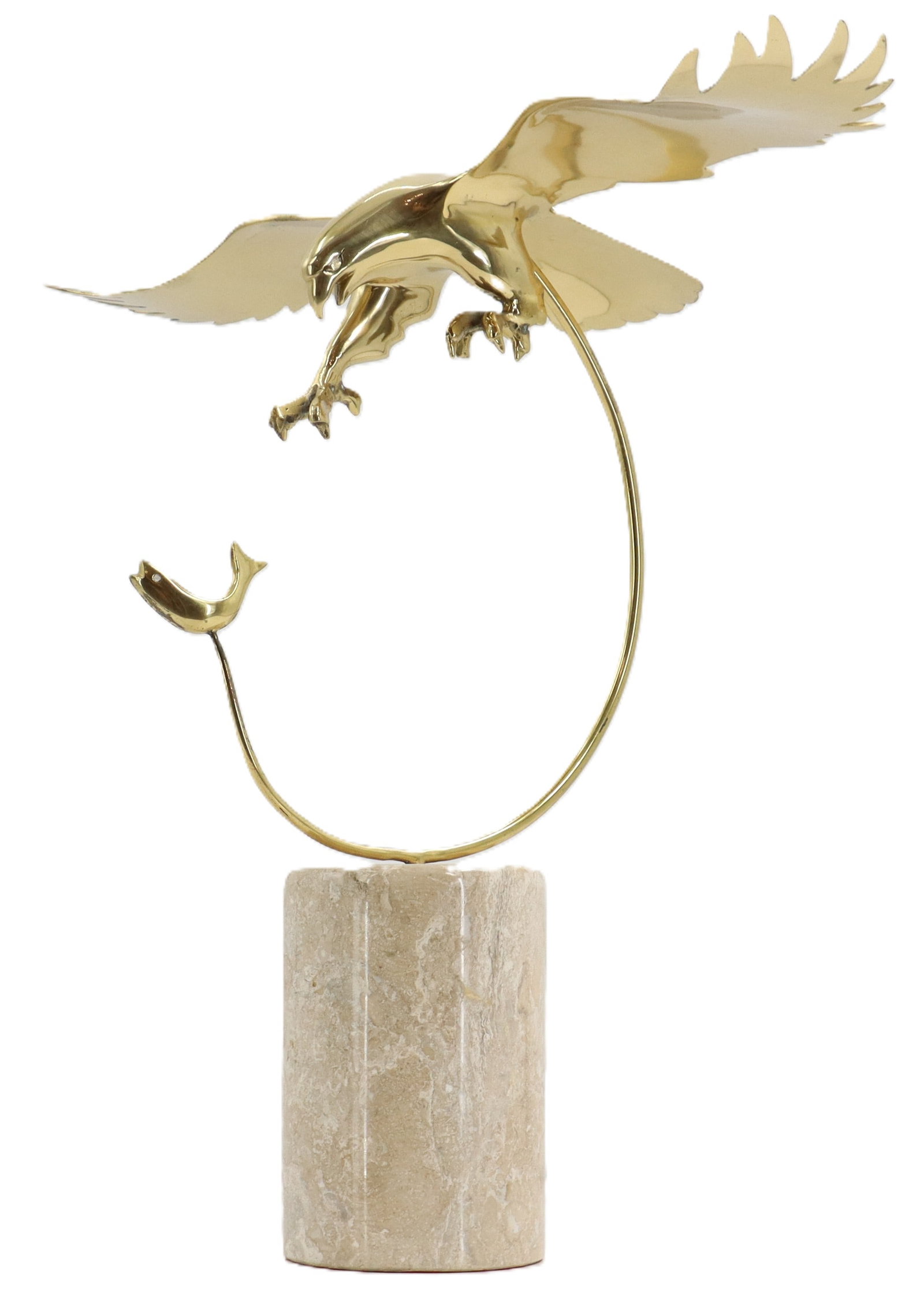 Bijan Bahar (Born 1936) Iranian/American, Birds of Prey Gilt Bronze Sculpture: Bijan Bahar (Born 1936) Iranian/American, Birds of Prey Gilt Bronze Sculpture. Depicts a bird with wings outstretched descending to capture a fish attached to it by a curved rod that anchors the piece