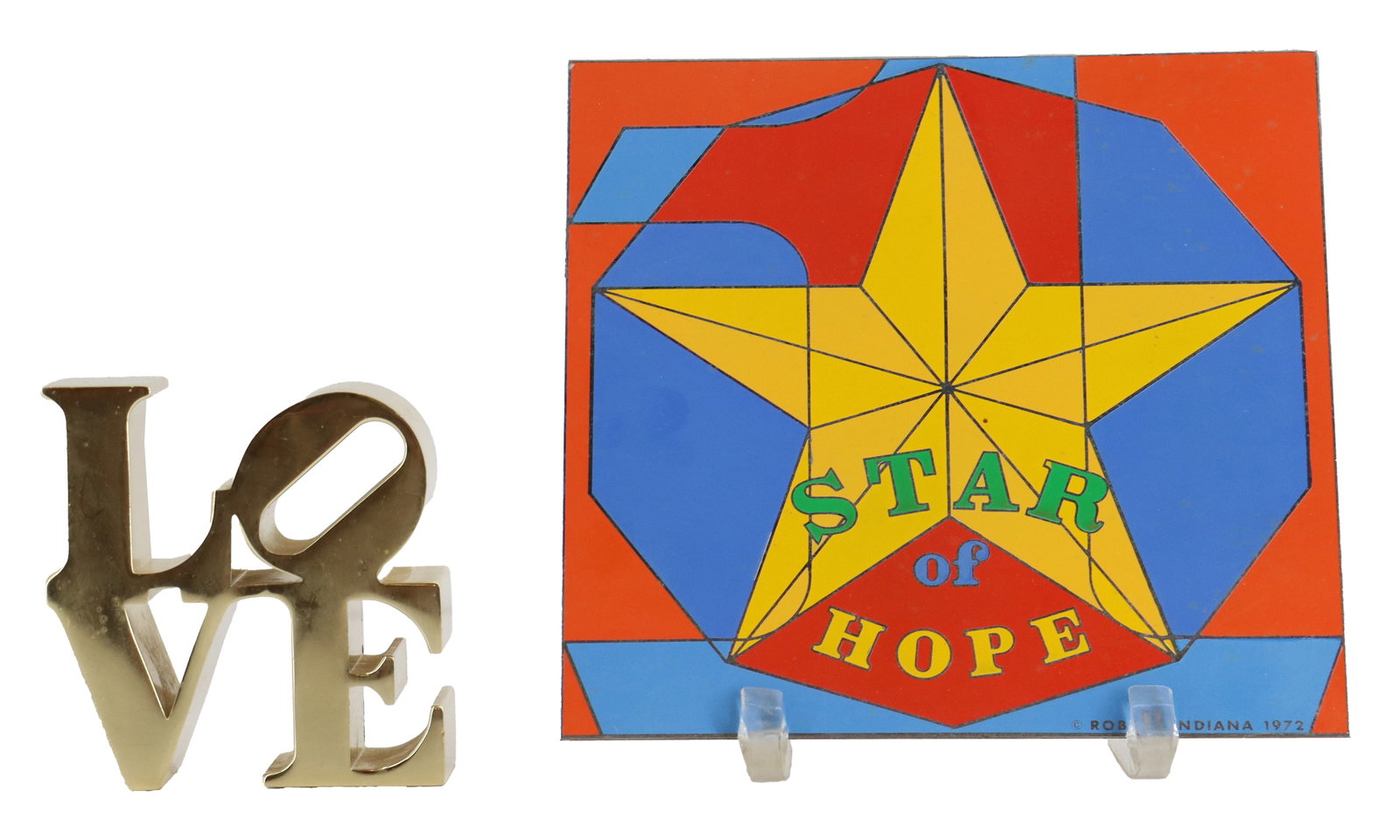 Robert Indiana (1928-2018) American, "LOVE" Paperweight and "Star of Hope" Plaque: Robert Indiana (1928-2018) American, "LOVE" Paperweight and "Star of Hope" Plaque. The paperweight is brass with a gold finish, and the plaque is brass with the design on the front