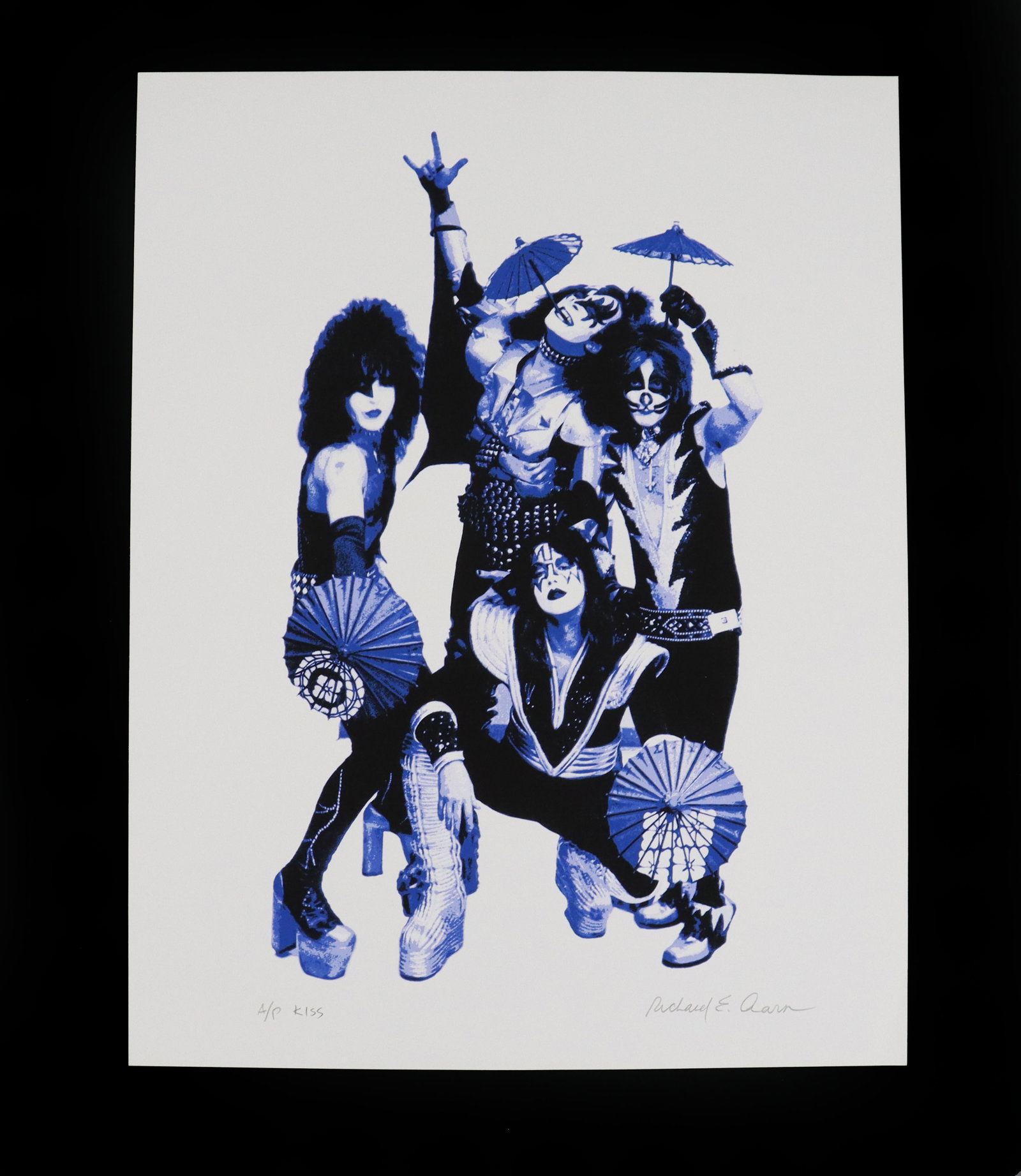 Richard E. Aaron (1949-2016) American, Artist's Proof Photography Print, KISS: Richard E. Aaron (1949 - 2016) American, Artist's Proof Photography Print, KISS. Blue-toned high-contrast print of the rock band KISS in their signature makeup and costumes, p