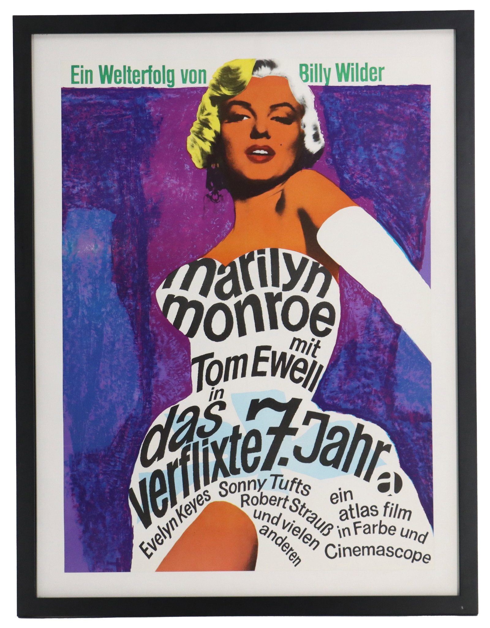 German Marilyn Monroe Lithographic Poster for "The Seven Year Itch" Re-Release (1966): German Marilyn Monroe Lithographic Poster for "The Seven Year Itch" Re-Release (1966). Designed by Dorothea Fischer-Nosbisch for the re-release of the 1955 film, this artwork embraces psychedelic 1960