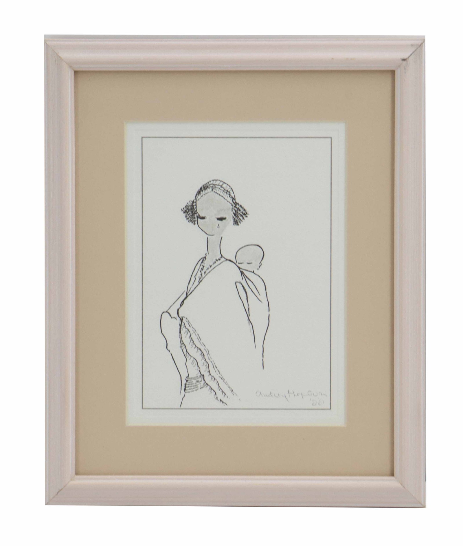 Audrey Hepburn (1929-1993) British, Framed Giclee: Audrey Hepburn (1929-1993) British, Framed Giclee. The image is of a sketch titled "Mother and Child," created by the actress after a visit to Ethiopia as a UNICEF Goodwill Ambassa