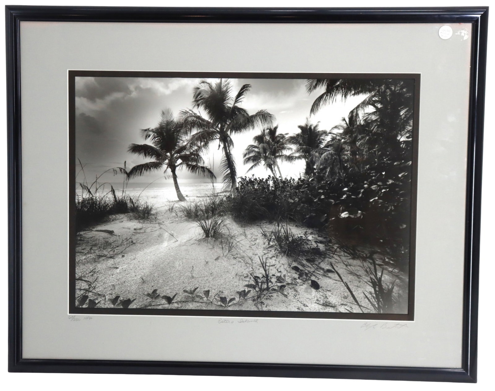 Clyde Butcher (Born 1842) American, Black and White Florida Landscape Photography "Estero Island": Clyde Butcher (Born 1842) American, Black and White Florida Landscape Photography "Estero Island". Black-and-white landscape photograph capturing a serene beach scene on Estero Island,