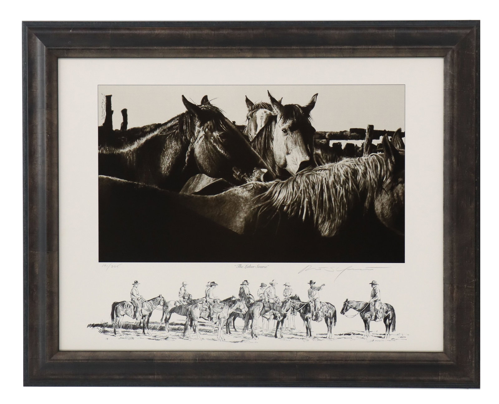 Robert "Shoofly" Shufelt (Born 1935) American, "The Labor Source" Lithograph: Robert "Shoofly" Shufelt (Born 1935) American, "The Labor Source" Lithograph. Depicts a group of horses in a corral in photorealistic detail, as well as a more traditional cartoon