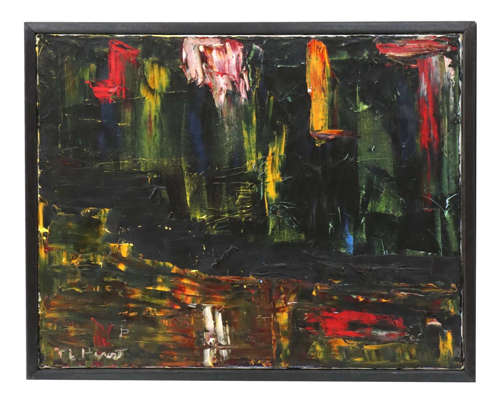 Thomas Lorraine Hunt (1882-1938) American/Canadian, Acrylic on Canvas Abstract Expressionist: Thomas Lorraine Hunt (1882-1938) American/Canadian, Acrylic on Canvas Abstract Expressionist. Abstract expressionist oil painting featuring a dark, textured background contrasted by vertical palette-k