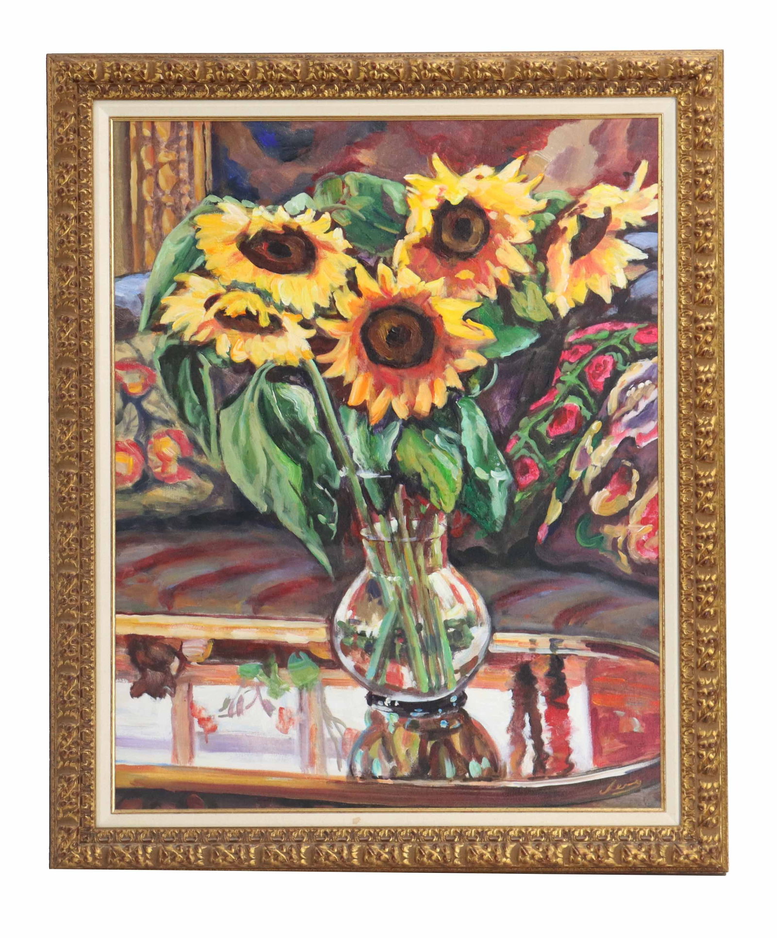 Cheng (20th Century) Chinese, Oil on Canvas Floral Still Life "Sunflowers": Cheng (20th Century) Chinese, Oil on Canvas Floral Still Life "Sunflowers". Impressionist oil on canvas painting of sunflowers on a glass table. Signed lower right. Framed. Overall Size: 34