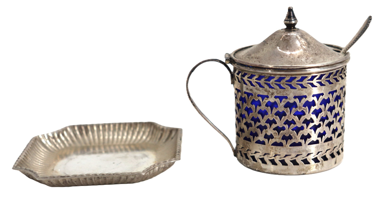 (3) Sterling Silver Tray and Mustard Pot - 2.520 ozt.: (3) Sterling Silver Tray and Mustard Pot - 2.520 ozt.. A small, fluted rectangular silver tray and lidded mustard pot or jam jar featuring an ornate pierced silver overlay and a vibrant cobalt blue gl