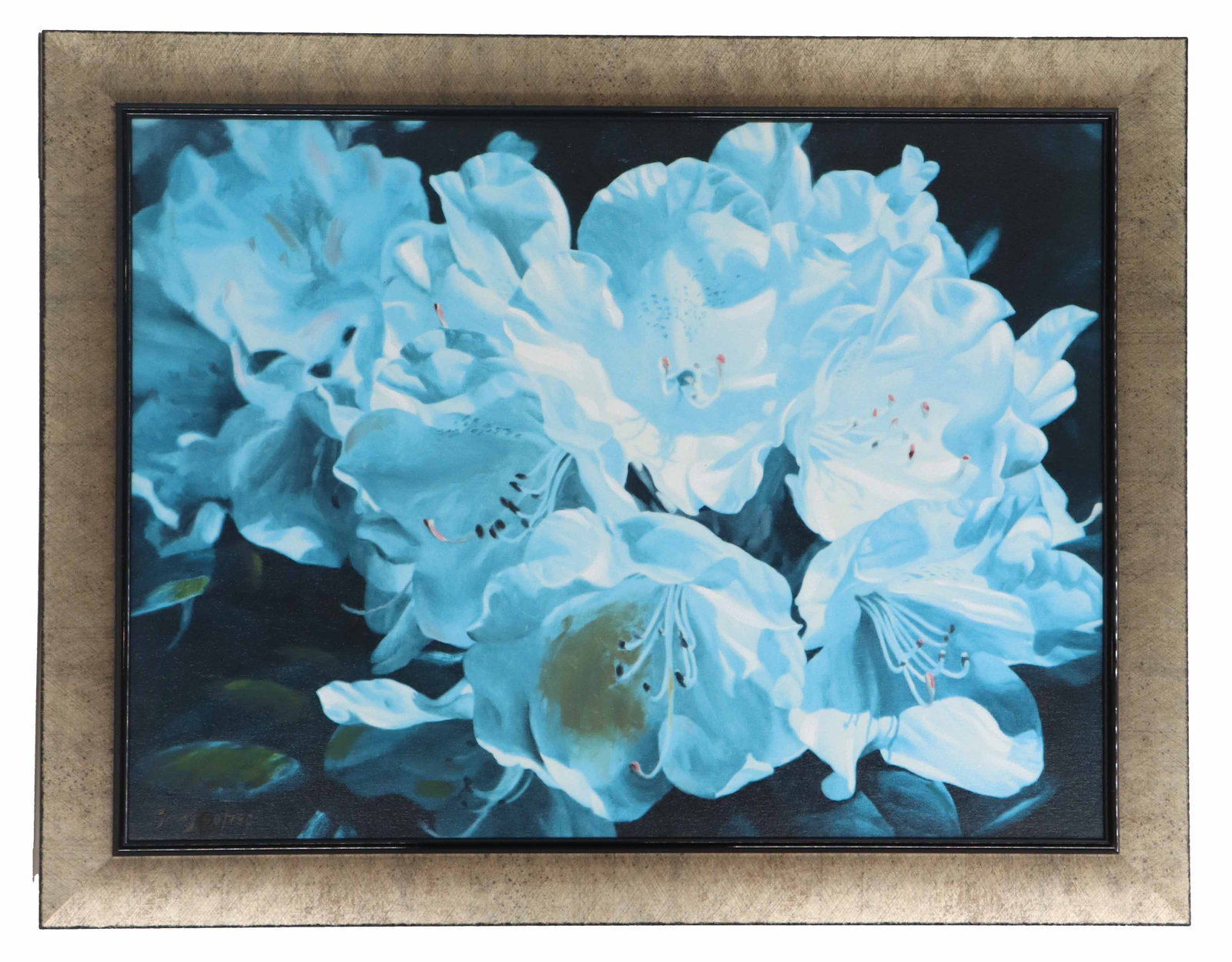 Michael Gerry (1952-2008) American, Oversized Numbered Floral Canvas Print: Michael Gerry (1952-2008) American, Oversized Numbered Floral Canvas Print. Depicts white azaleas with bluish hues from moonlight, close up and starkly realistic. Signed and numbered 60/750 in orange