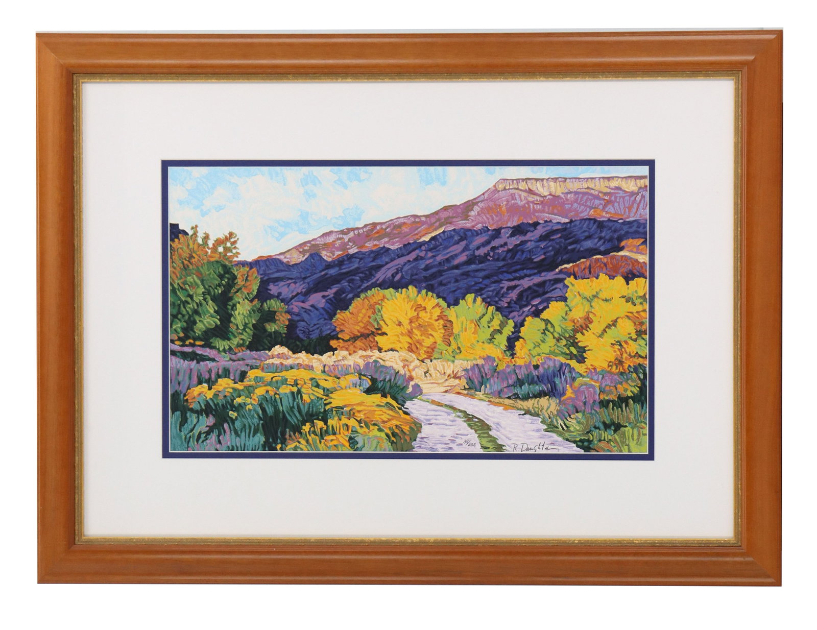 Robert Daughters (1929-2013) American, Southwestern Landscape Serigraph: Robert Daughters (1929-2013) American, Southwestern Landscape Serigraph. Depicts the stunning Sandia Mountains near Albuquerque, New Mexico with the light of the sunset creating stunning shadows and h