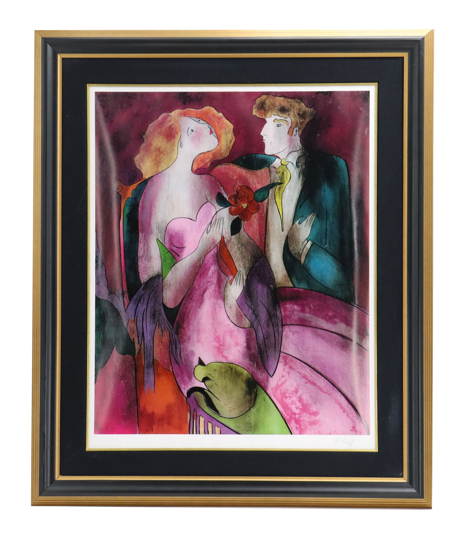 Linda Le Kinff (Born 1954) French, Seriolithograph Print Abstract "Robe du Soir": Linda Le Kinff (Born 1954) French, Seriolithograph Print Abstract "Robe du Soir". Abstract, framed painting depicts a stylized man and woman in elegant attire sharing an intimate moment cent