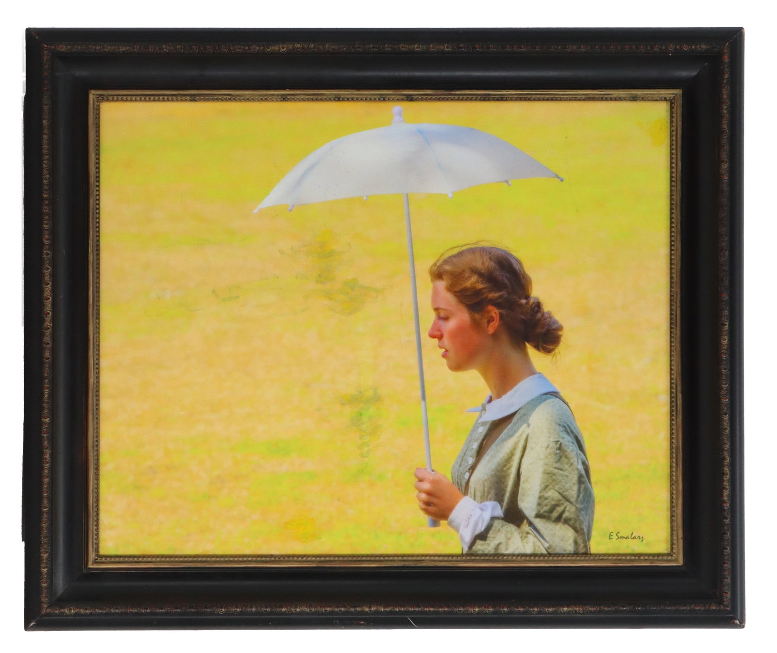 Edward Smalarz (20th/21st Century) American, Oil on Board Girl with Umbrella: Edward Smalarz (20th/21st Century) American, Oil on Board Girl with Umbrella. Signed lower right. Overall Size: 20 1/4 x 24 3/4 in. Sight Size: 15 1/2 x 19 1/2 in. &