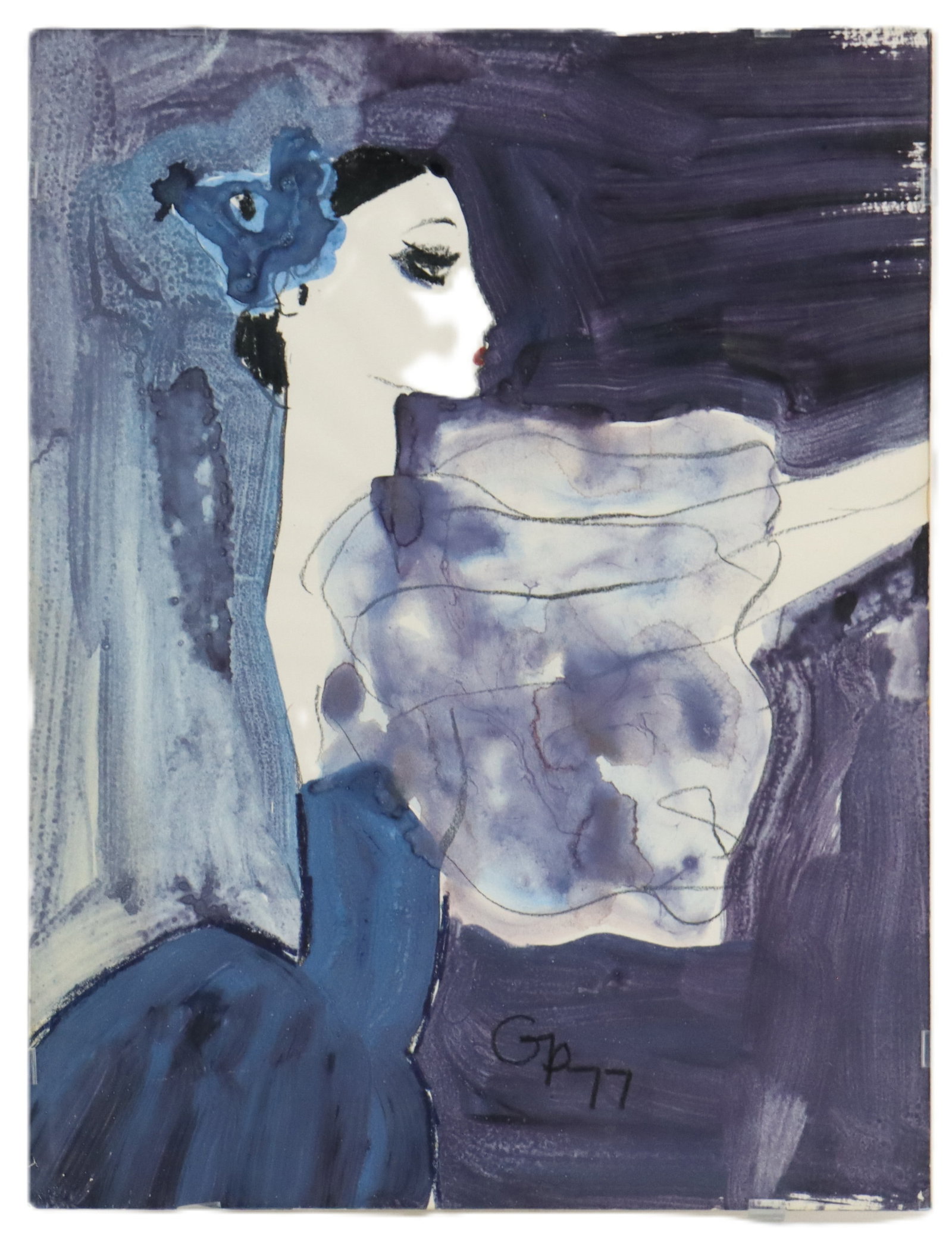 1970's Original Fashion Watercolor on Paper Illustration: 1970's Original Fashion Watercolor on Paper Illustration. Signed with initials G.P. and dated 1977. Size: 11 1/2 x 14 7/8 in.