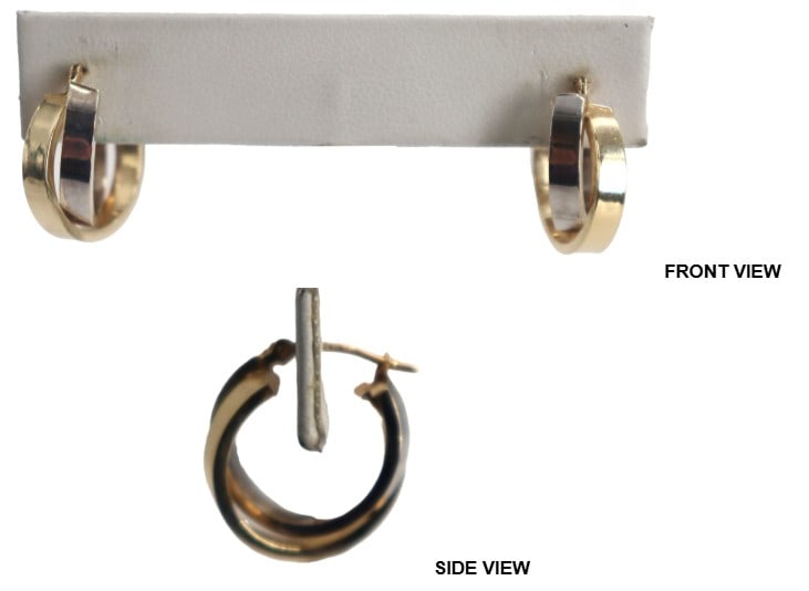 One Pair of Marked 14k Gold Hoop Earrings - 1.7 g.: One Pair of Marked 14k Gold Hoop Earrings. Marked on earring post. For pierced ears. White and yellow gold. Size: 1/2 x 1/4 x 1 5/8 in. Weight: 1.0 dwt. 1.7 g. 