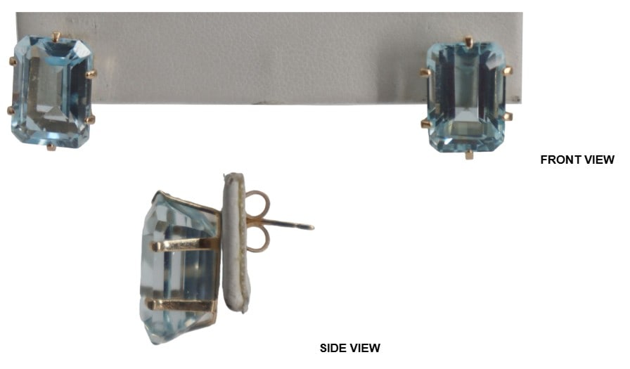 One Pair of Marked 10k Gold and Blue Topaz Earrings - Gross 5.2 g.: One Pair of Marked 10k Gold and Blue Topaz Earrings. Marked on back. For pierced ears. Yellow gold. Rectangular cut stone in prong setting. Size: 3/8 x 3/4 x 1/2 in. Gross Weight: 3.3