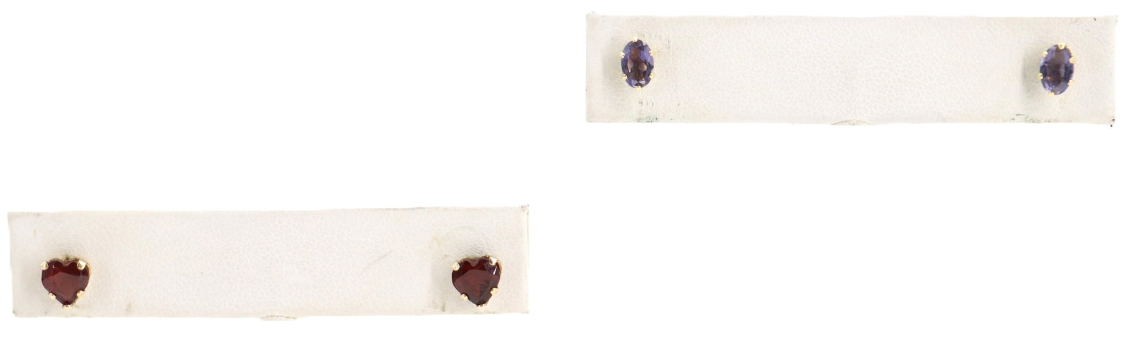 (2) Pairs of Marked 14k Gold Earrings - Gross 1.2 g.: (2) Pairs of Marked 14k Gold Earrings. Marked 14k yellow gold and heart shaped garnet earrings, both earrings do not have backs. Marked 14k yellow gold and oval cut amethyst earrings, one earring has