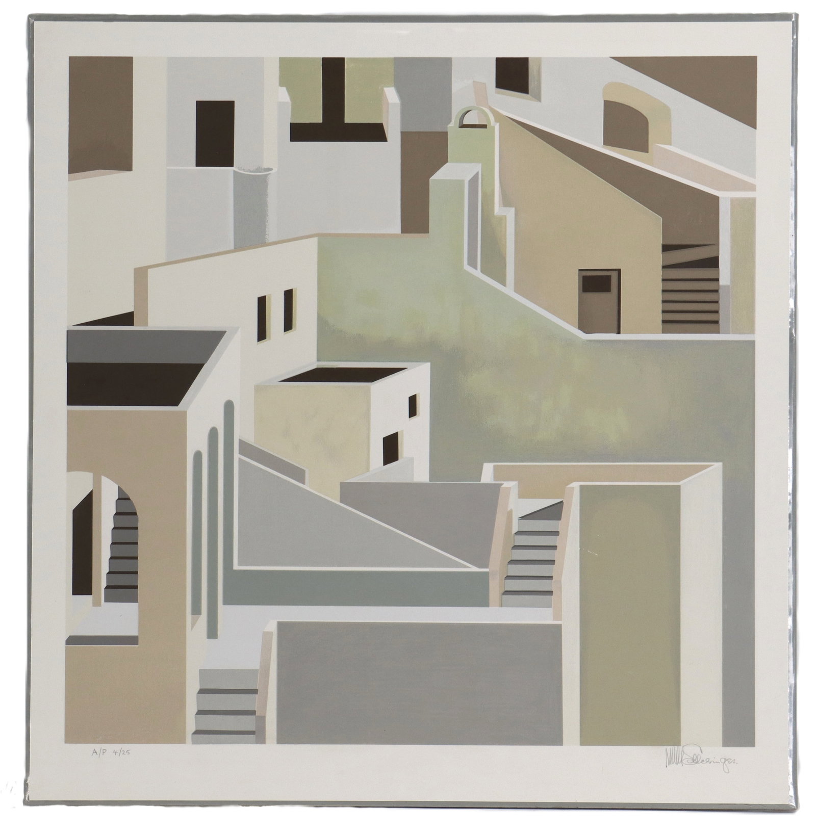 Mayer William Schlesinger (1915-2011) American, Limited Edition Architectural Cityscape Serigraph: Mayer William Schlesinger (1915-2011) American, Limited Edition Architectural Cityscape Serigraph. Architectural cityscape with geometric forms and muted colors, depicting a quiet city street amidst a