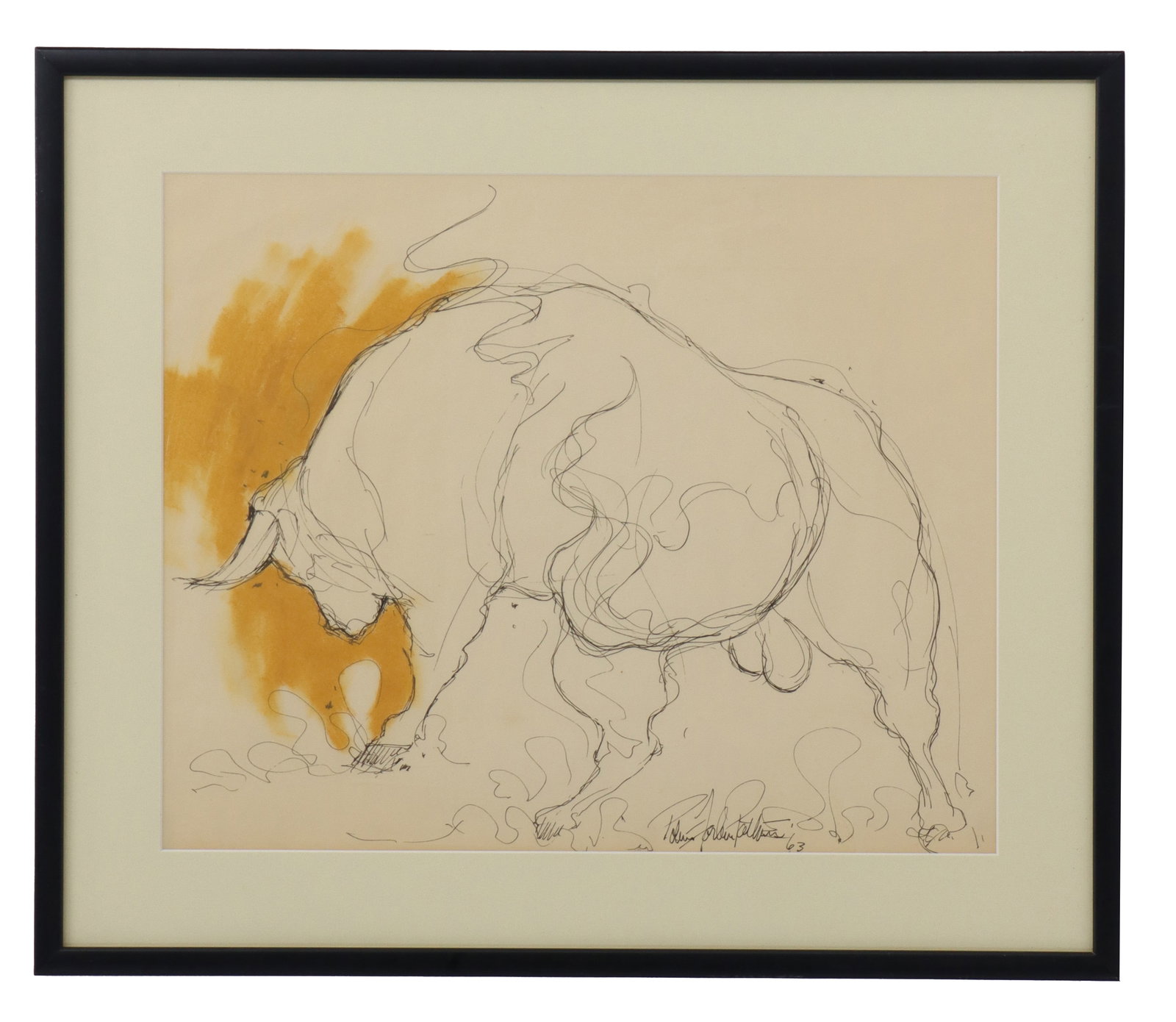 Attributed to Richard Meservey (20th Century) American, Ink and Wash on Paper of Bull (1 of 9)