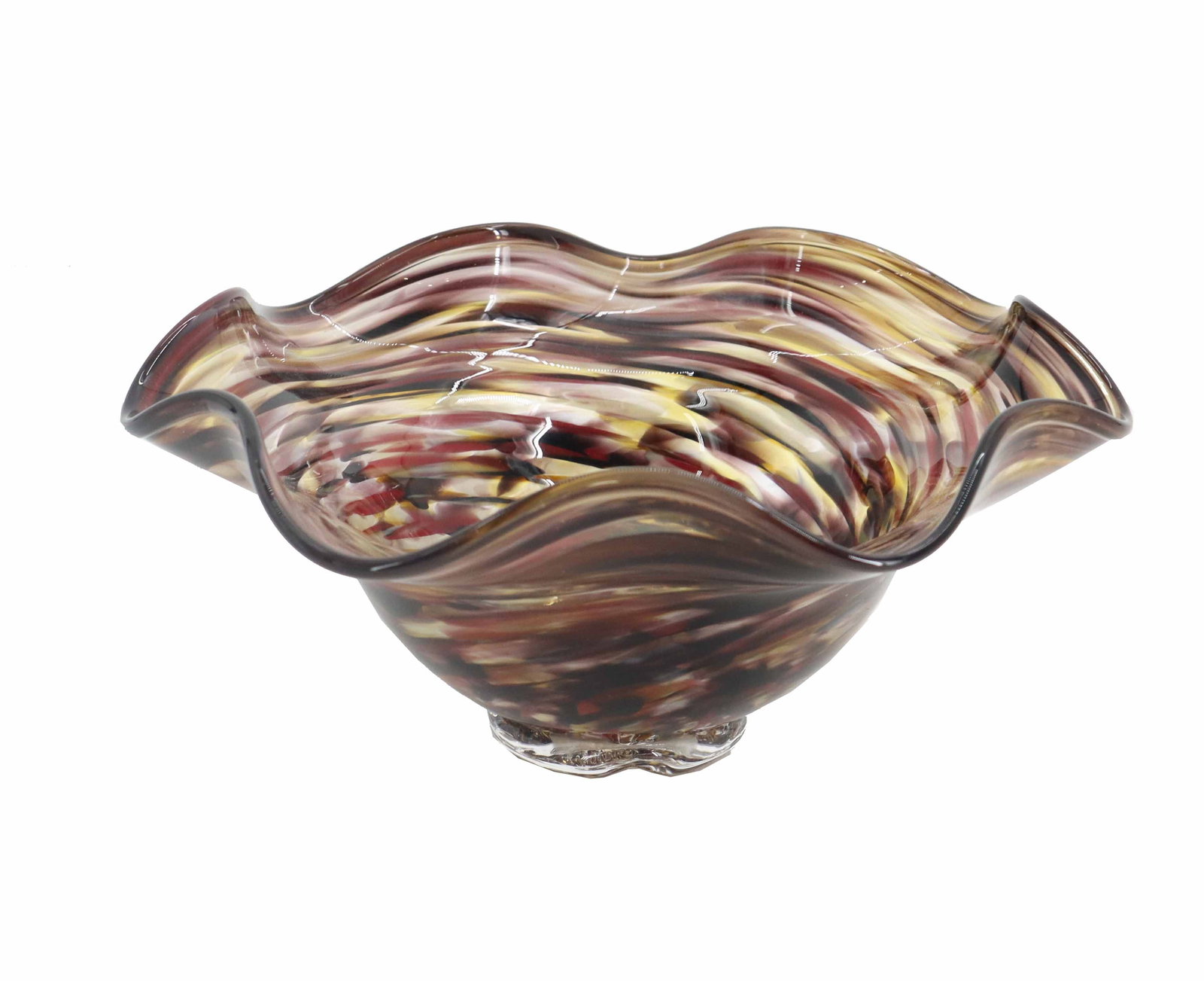 American Studio Art Glass Bowl: American Studio Art Glass Bowl. A wavy rim compliments the swirling patterns of purple, red, yellow, and more that make up the body of the bowl. Raised markings indistinctly on bottom. Size: 3 3