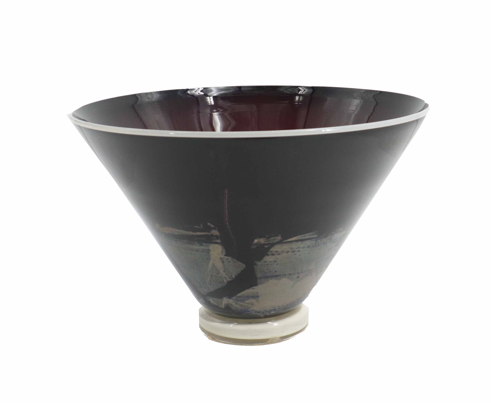 Inverted Conical Art Glass Bowl: Inverted Conical Art Glass Bowl. A deep rich red color with abstract marks along the bottom part makes up the main body of the work, which has a circular base and white rim at top. Unsigned. Siz