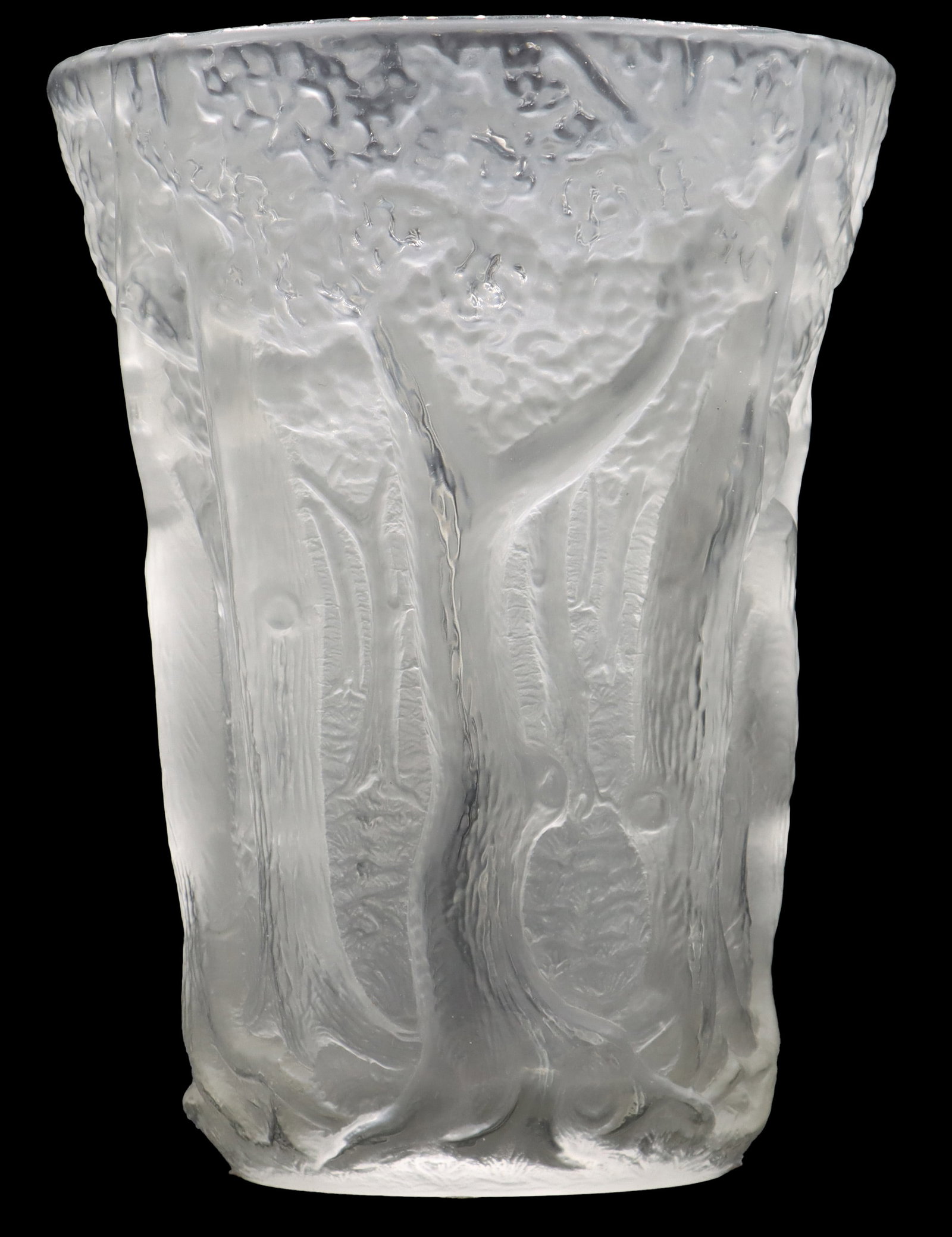 Lalique Forest Themed Frosted Art Glass Vase: Lalique Forest Themed Frosted Art Glass Vase. Intricately detailed forest view all around, signed on the underside. Size: 8 x 8 x 10 1/4 in. Lalique is a French luxury glassmaker, founded