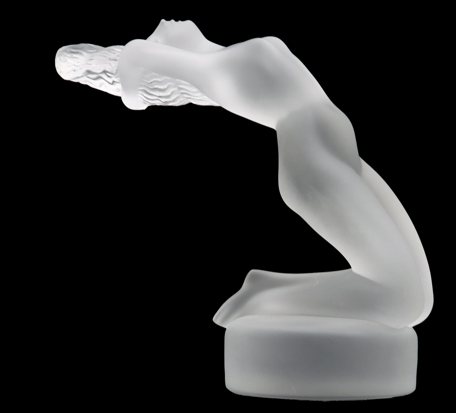 Lalique Frosted Crystal Chrysis Figurine: Lalique Frosted Crystal Chrysis Figurine. First designed by Rene Lalique in 1931 as a car mascot, it depicts the legendary beauty Chrysis from Greek mythology in a classic Art Deco style. Signed on th