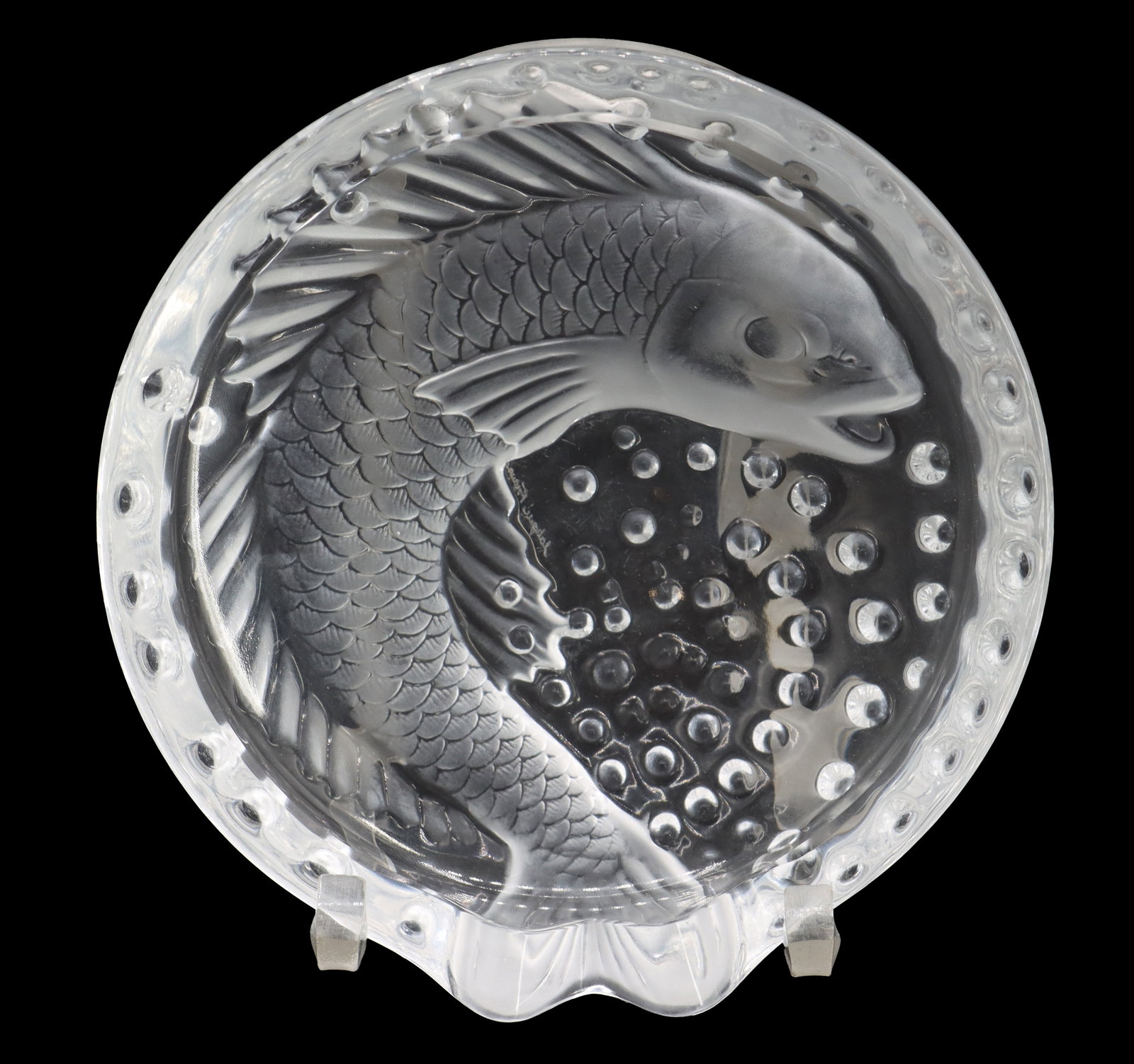Lalique "Concarneau" Crystal Fish Tray: Lalique "Concarneau" Crystal Fish Tray. First designed by Rene Lalique in 1941, it features a detailed koi fish surrounded by controlled bubbles, and this pattern is now discontinu