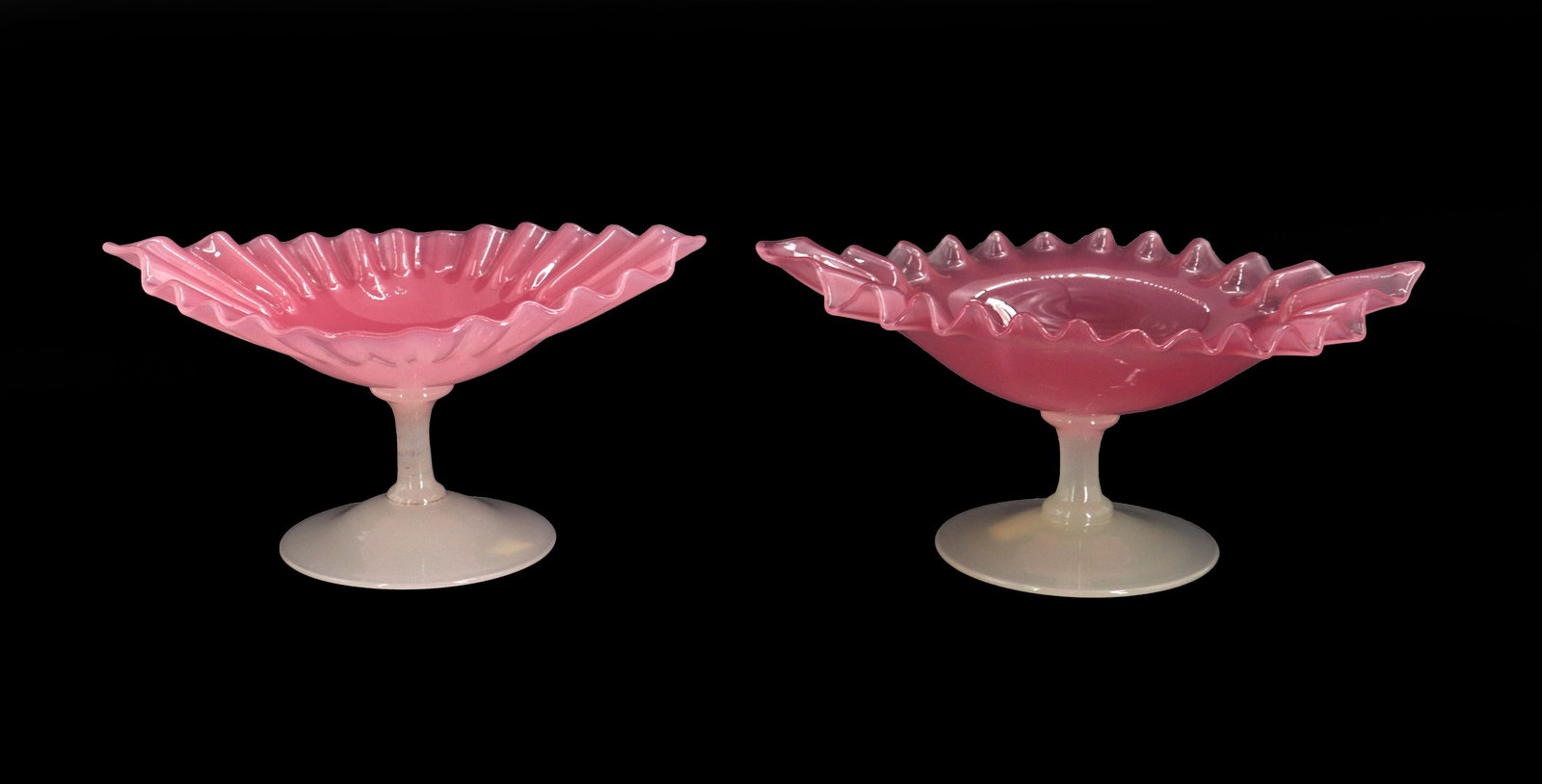 (2) Rare Carder Era Steuben Ruffled Glass Pedestaled Compote Dishes (1 of 13)