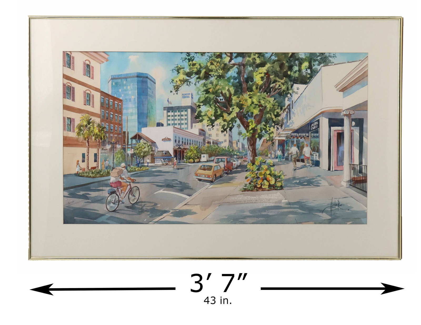 Herbie Rose (1930-2017) Jamaican/American, Large Street Scene Watercolor: Herbie Rose (1930-2017) Jamaican/American, Large Street Scene Watercolor. Depicts a quaint Southern Florida downtown street on a sunny day with people walking and biking along it. Signed and dated 