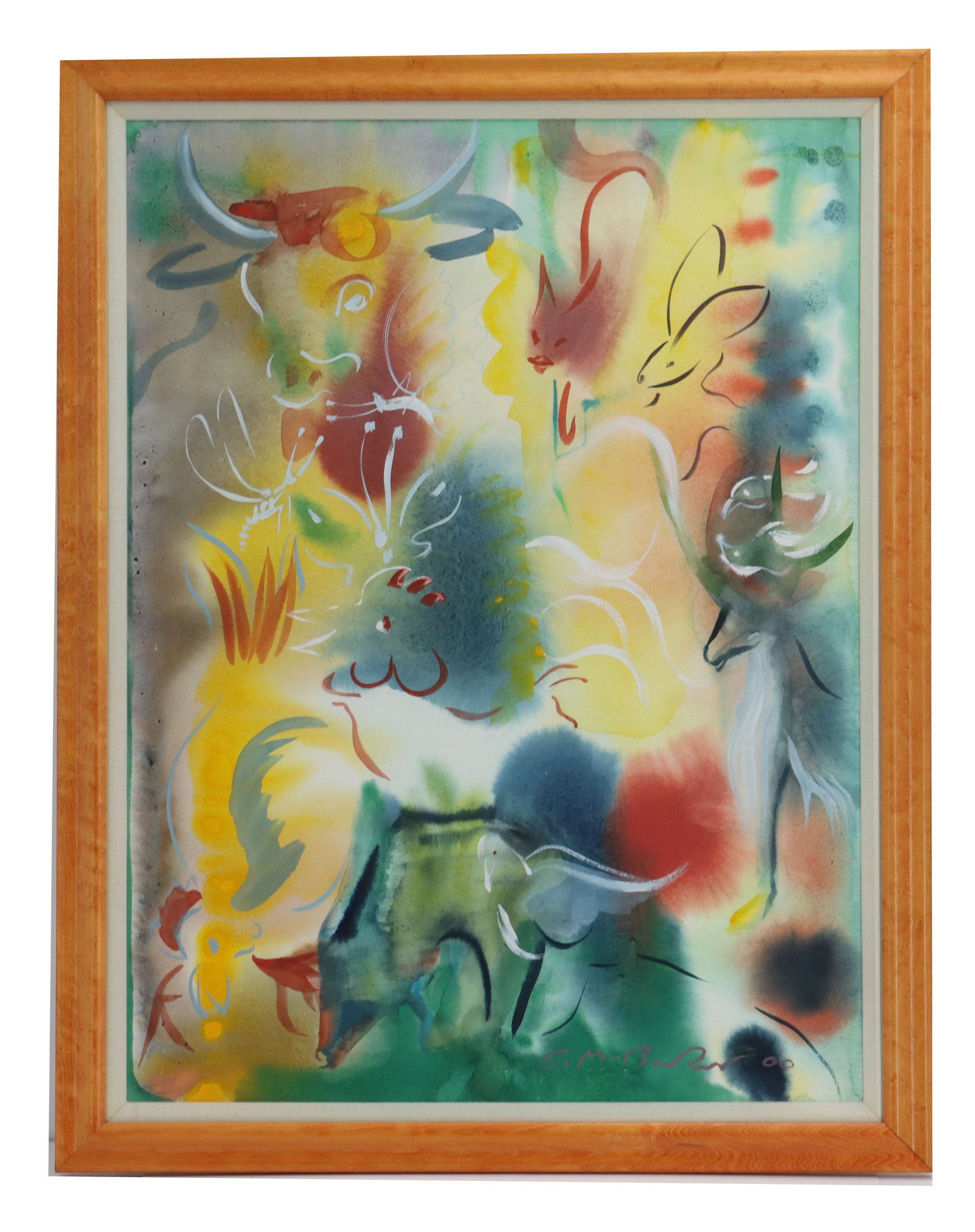 E. M. Burrows (20th/21st Century) Watercolor on Paper Abstract: E. M. Burrows (20th/21st Century) Watercolor on Paper Abstract. Abstract watercolor painting featuring a collection of gestural animal forms, including a prominent bull's head and a rooster, rende