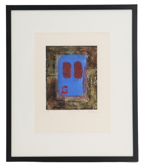 Russell Baker (Born 1958) British, Embellished Carborundium Printer's Proof Print Abstract "Zinc: Russell Baker (Born 1958) British, Embellished Carborundium Printer's Proof Print Abstract "Zinc III". Abstract mixed-media print, titled "Zinc III," features a vibrant blue ce