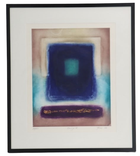 James Cox (Born 1956) British, Mixed Media Limited Edition Print "Omega V": James Cox (Born 1956) British, Mixed Media Limited Edition Print "Omega V". Abstract, multi-layered print featuring a deep blue rectangular field with a soft teal center, framed by muted ear