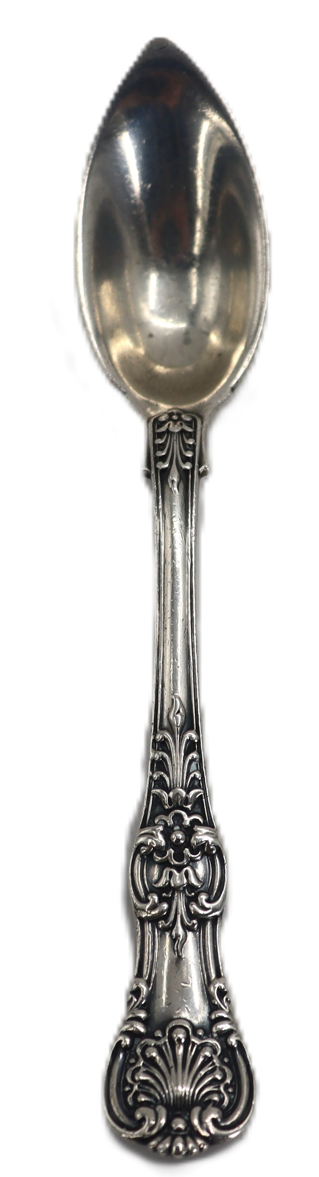 19th Century Tiffany & Co. Sterling Silver English King Tea Spoon - 1.18 ozt.: 19th Century Tiffany & Co. Sterling Silver English King Tea Spoon - 1.18 ozt. The pattern, first introduced in 1885, features intricate Baroque-style decoration, including scrollwork and