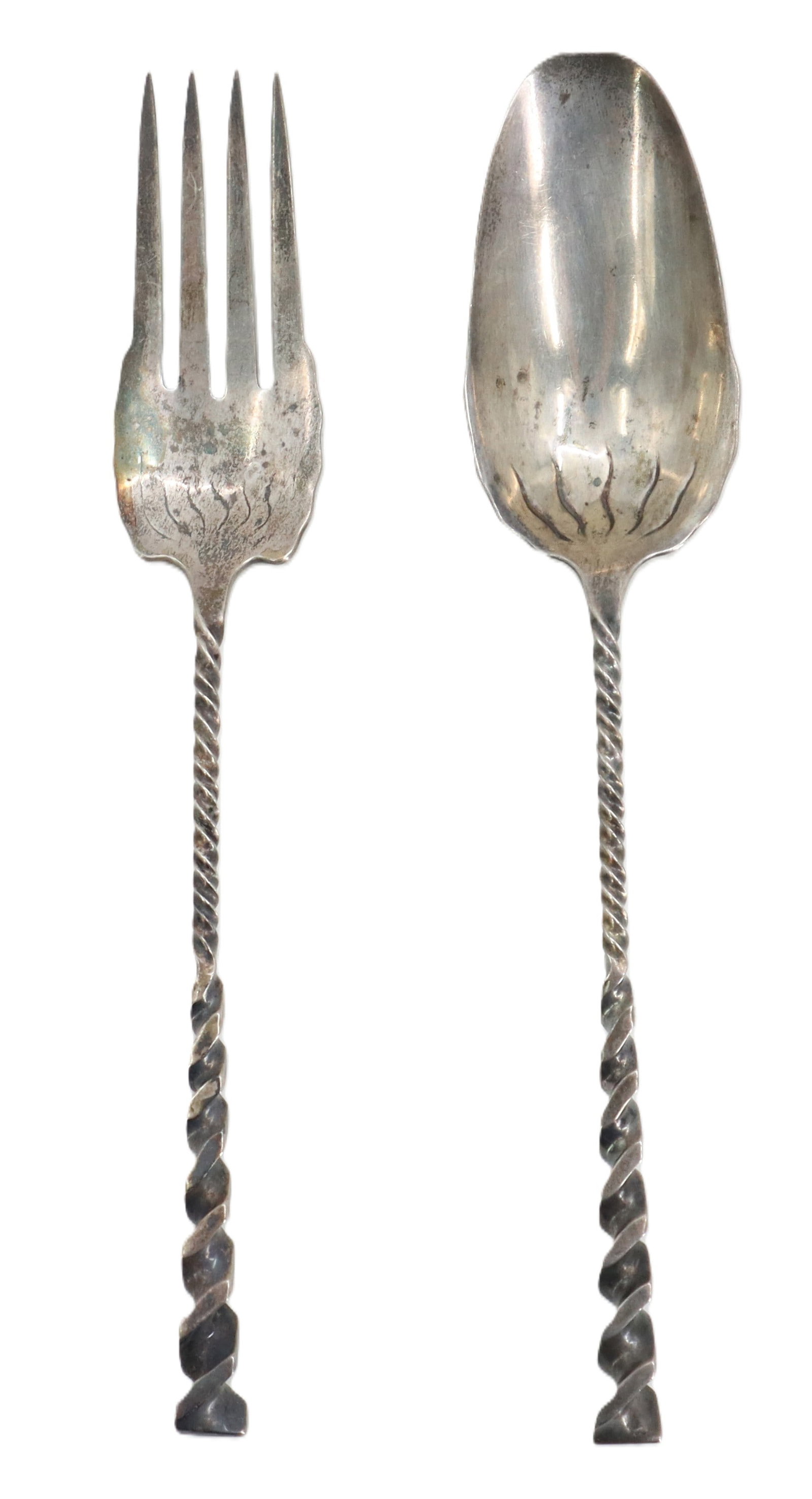 Antique Whiting Co. Sterling Silver Salad Serving Set Fork and Spoon - 4.650 ozt.: Antique Whiting Co. Sterling Silver Salad Serving Set Fork and Spoon - 4.650 ozt. Wonderful twist pattern in the handle and stem, with stylized etched lines in the bowl of both utensils. Both marked o
