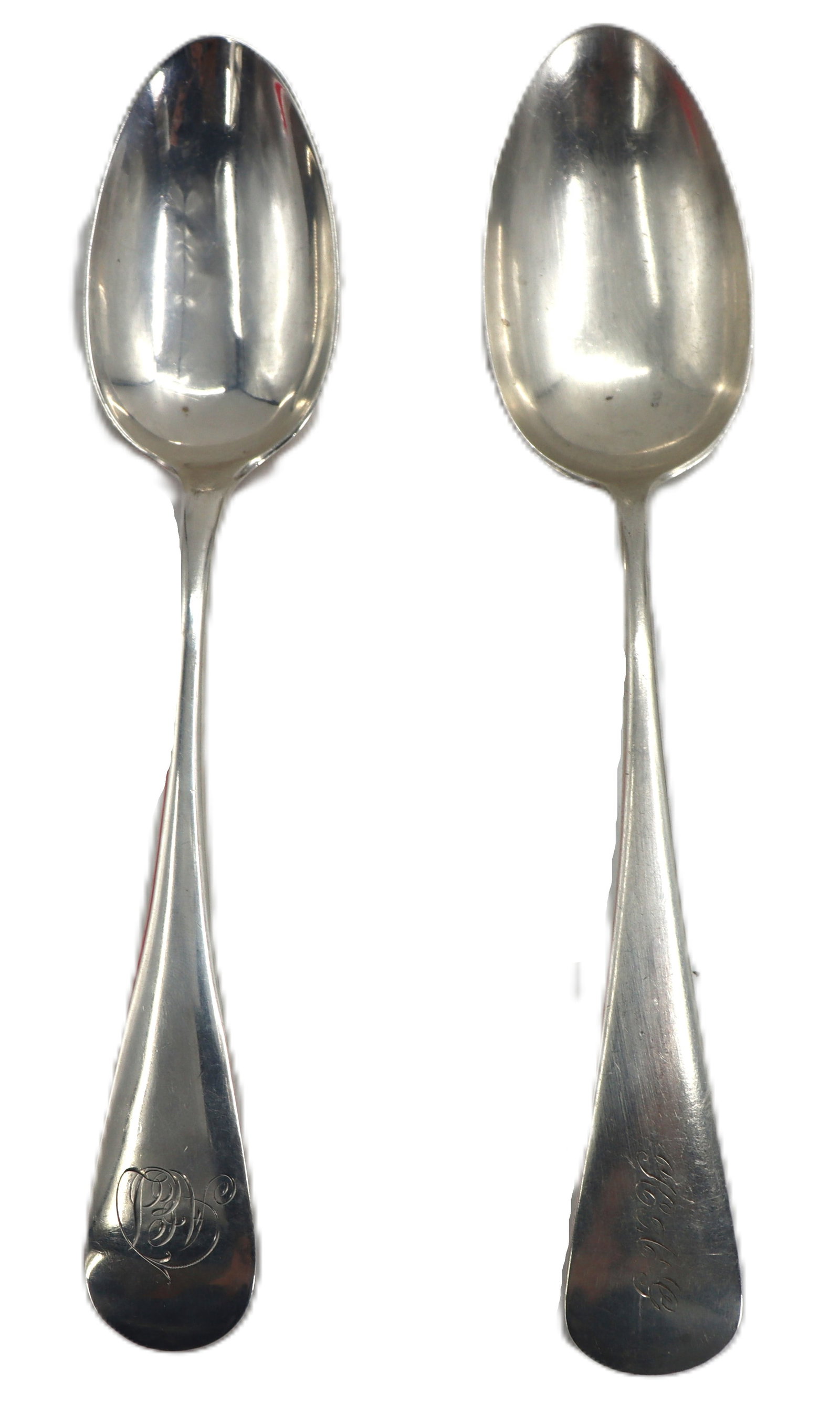 (2) American Sterling Silver Tea Spoons - 3.690 ozt.: (2) American Sterling Silver Tea Spoons - 3.690 ozt. Both monogrammed. One marked Gorham, the other from A. Stowell & Co. in Boston. Size: 8 3/4 x 1 3/4 in. Weight: 3.690 ozt.&nbs