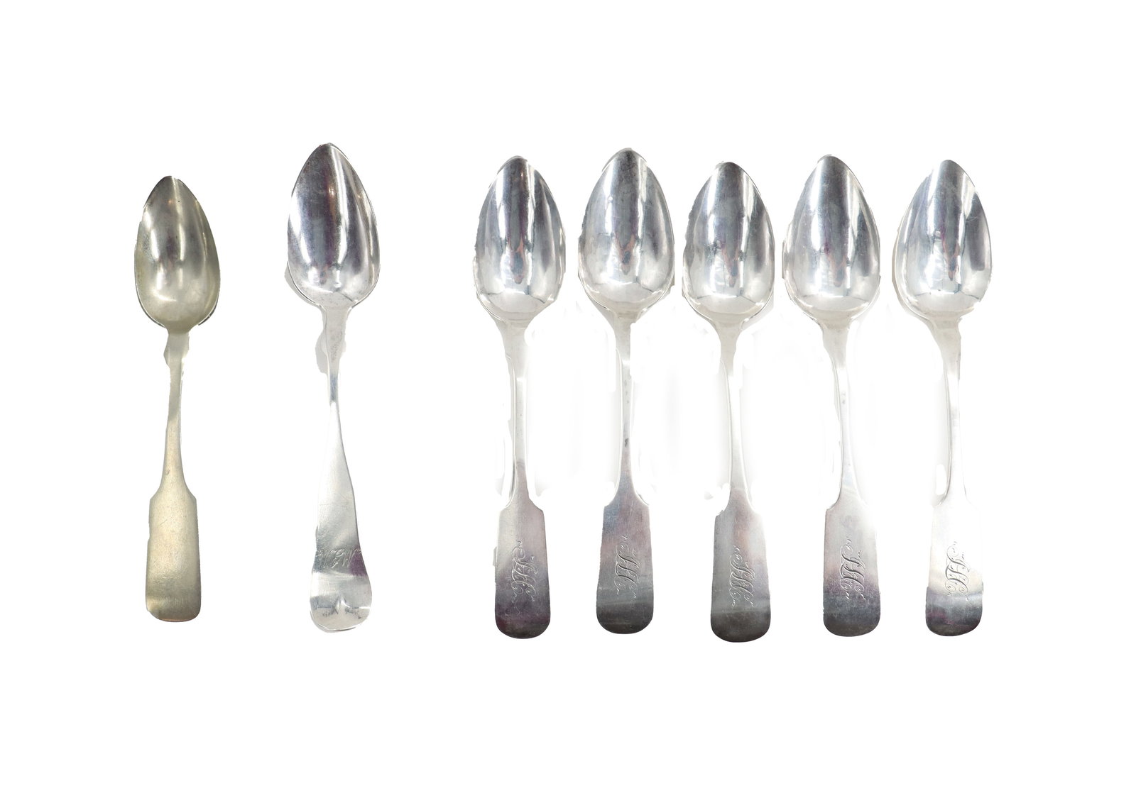 (7) Various English Makers Sterling Silver Spoons - 3.610 ozt.: (7) Various English Makers Sterling Silver Spoons - 3.610 ozt. All similarly shaped, with 5 from a set and the other 2 separate. All but one are monogrammed, and all with a variety of markings. 