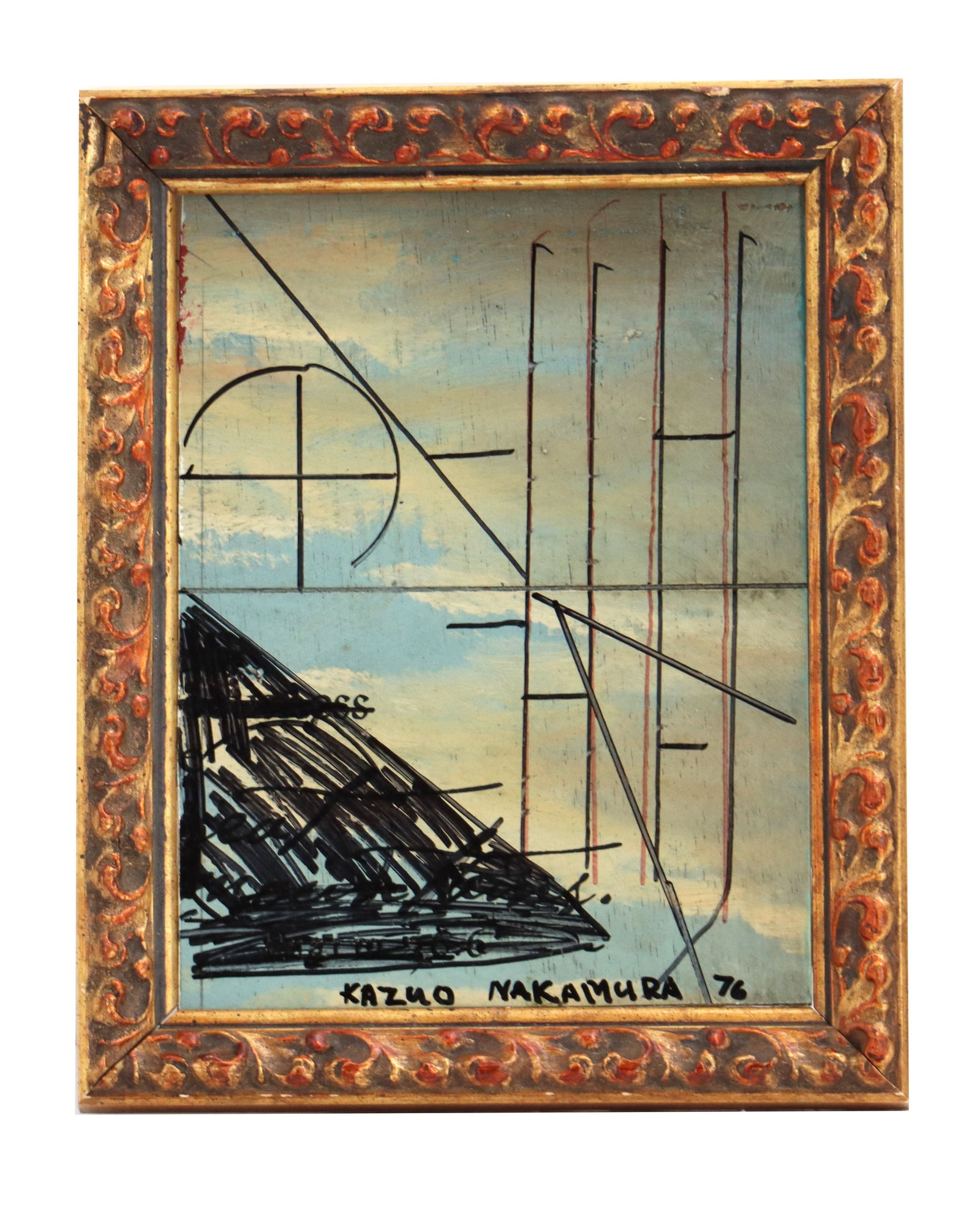 Kazuo Nakamura (1926-2002) Canadian, "Sketch VII" Mixed Media on Masonite: Kazuo Nakamura (1926-2002) Canadian, "Sketch VII" Mixed Media on Masonite. An abstract image that combines a cloudy sky with a jaggedly penned triangle over obscured text, and various lines