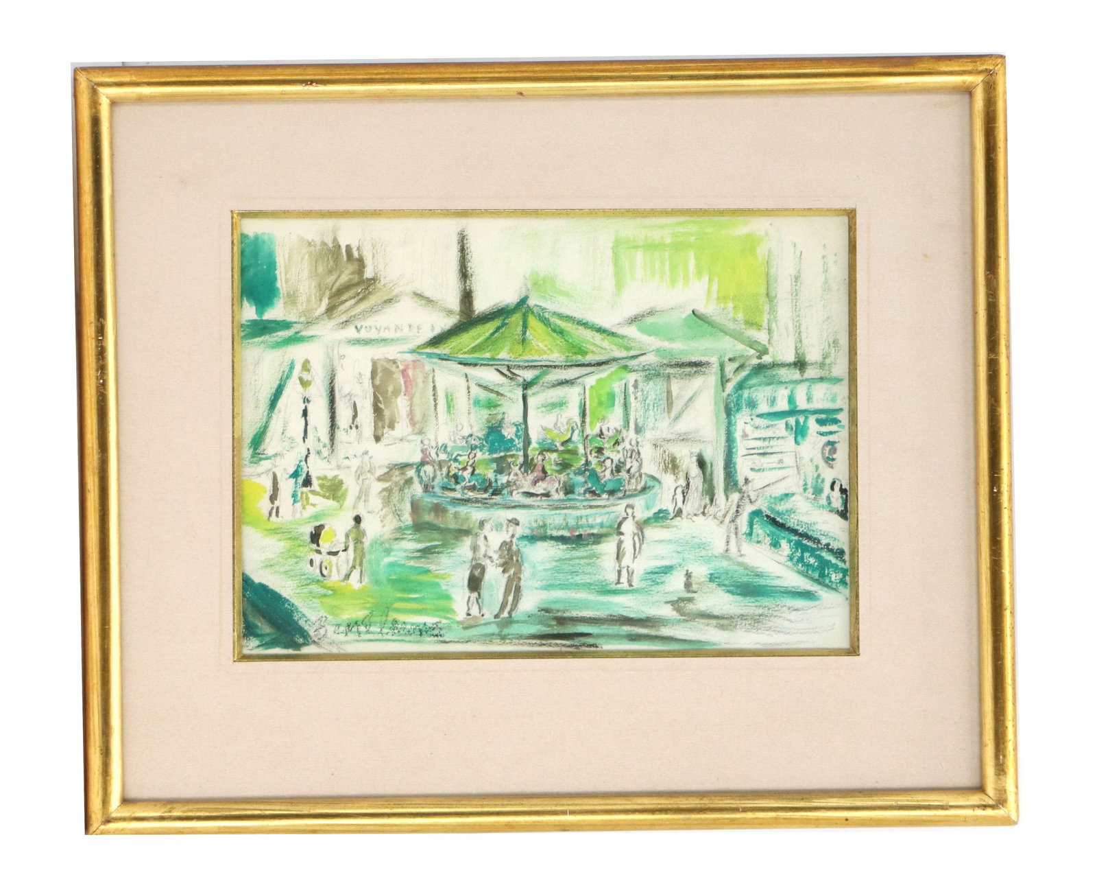 Ludwig Bemelmans (1898-1962) German/American, Original Mixed Media on Paper: Ludwig Bemelmans (1898-1962) German/American, Original Mixed Media on Paper. Crayon, watercolor, and ink in predominantly green colors form a view of a fairground in Europe, with a carousel in center