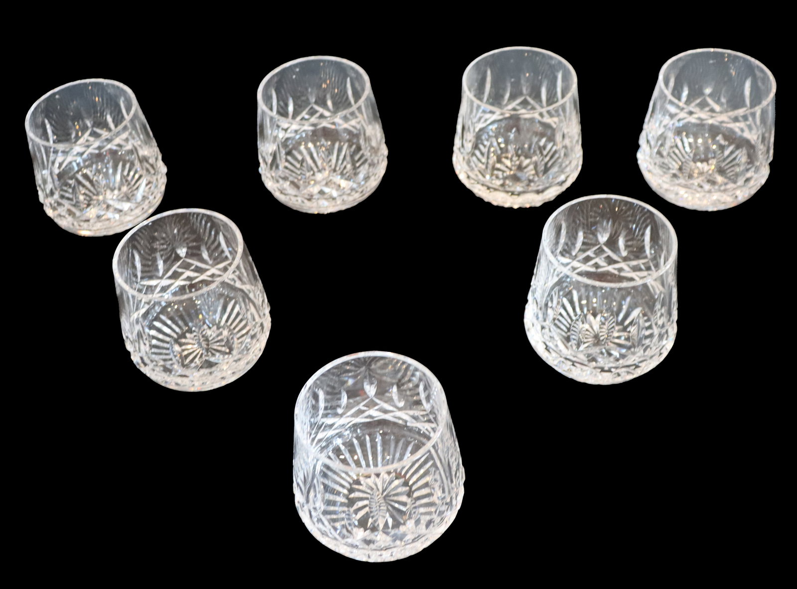 (7) Waterford Crystal Lismore Old Fashioned "Roly Poly" Whisky Tumbler Glasses: (7) Waterford Crystal Lismore Old Fashioned "Roly Poly" Whisky Tumbler Glasses. A unique line with the classic Lismore cut glass look, designed so that the tumblers can rest at a canted