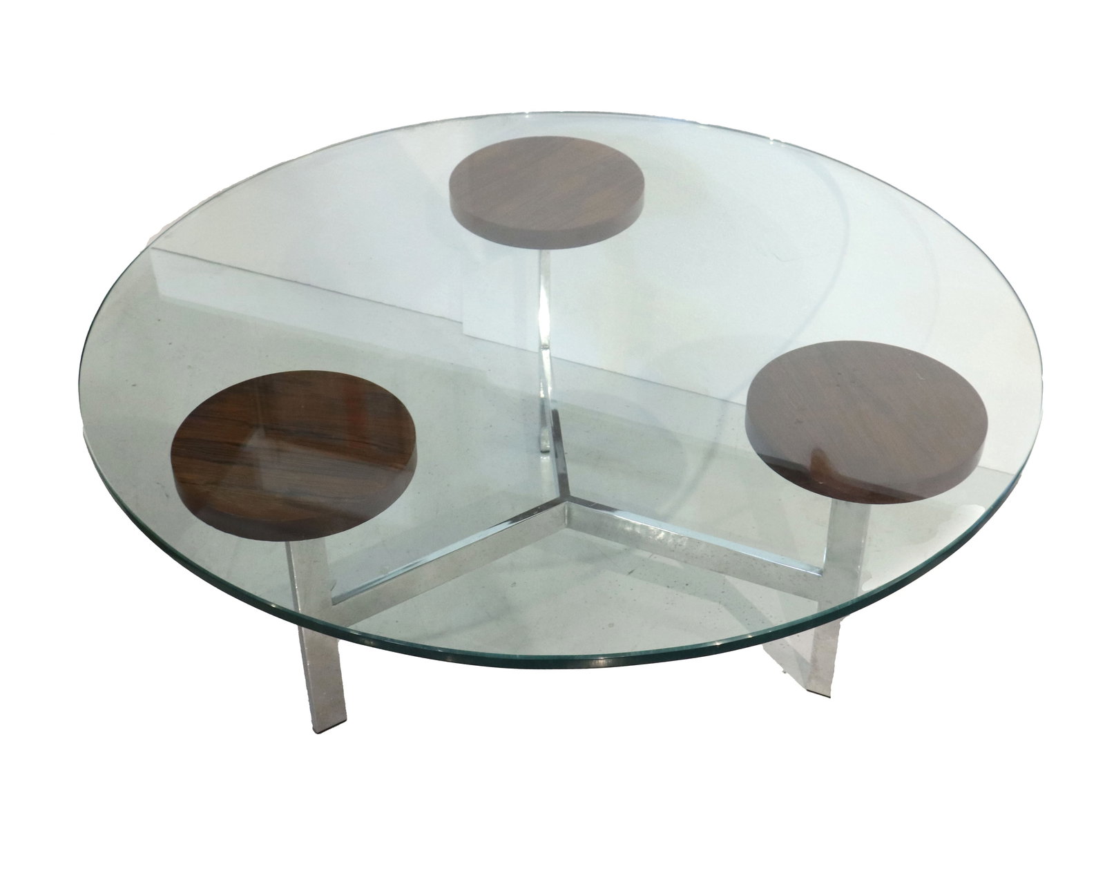 Vintage Mid Century Modern Round Glass Top Wood and Chrome Coffee Table (1 of 12)