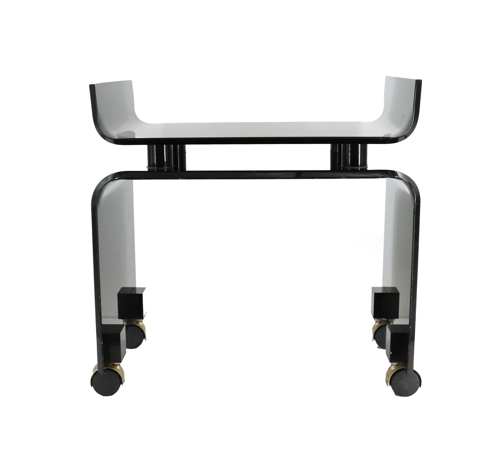 Vintage Mid Century Modern Black Lucite Waterfall-Style Rolling Side Table: Vintage Mid Century Modern Black Lucite Waterfall-Style Rolling Side Table. Often featured in Mid Century Modern and Hollywood Regency interior designs, the casters allow the table to easily move